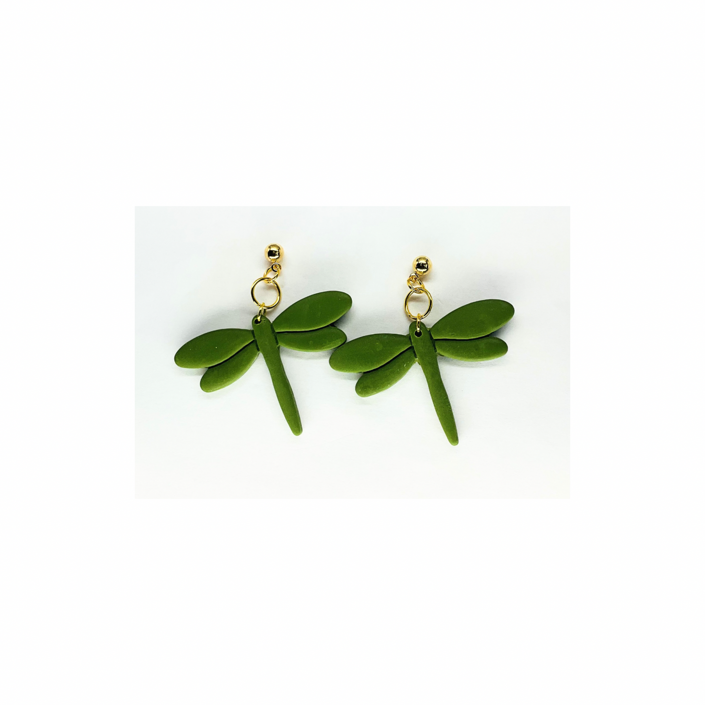 Olive Green Dragonfly Dangle with Gold Ball Stud Earrings-Crafting By BB