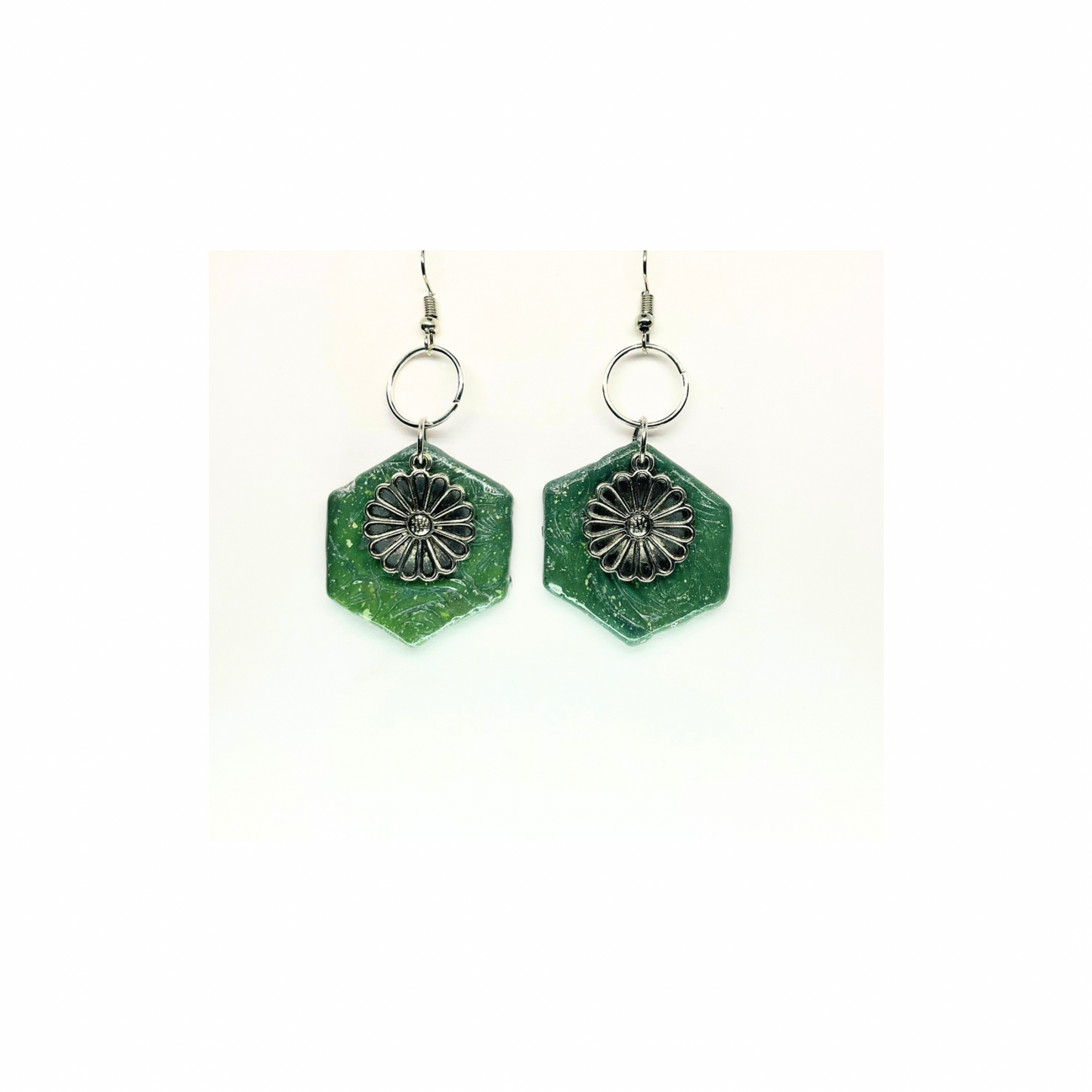 Jade Green Color Hexagon Shaped with Silver Flower Charm Dangle Earrings for Female Jewelry Accessories