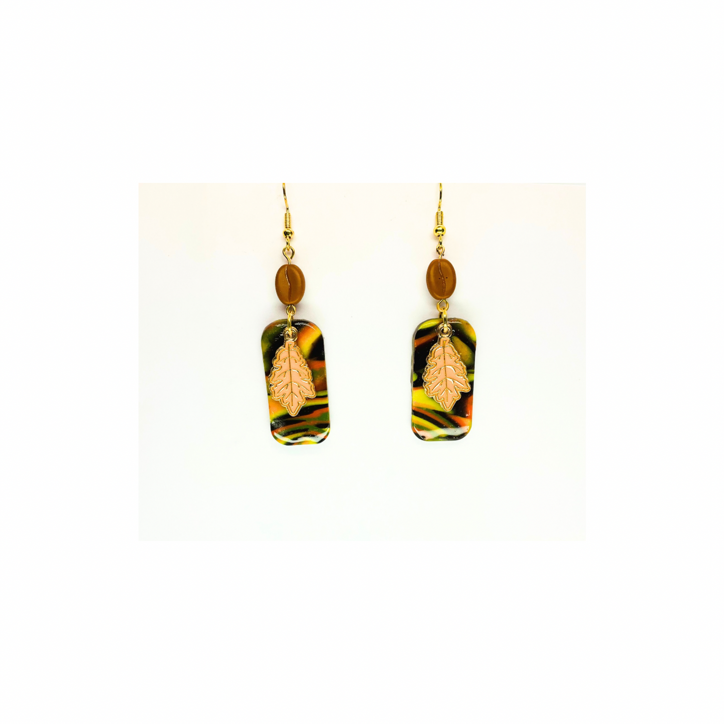 Fall Collection Rectangle with Yellow Gold Leaf Charm Dangle Earring - Unique Design Earrings