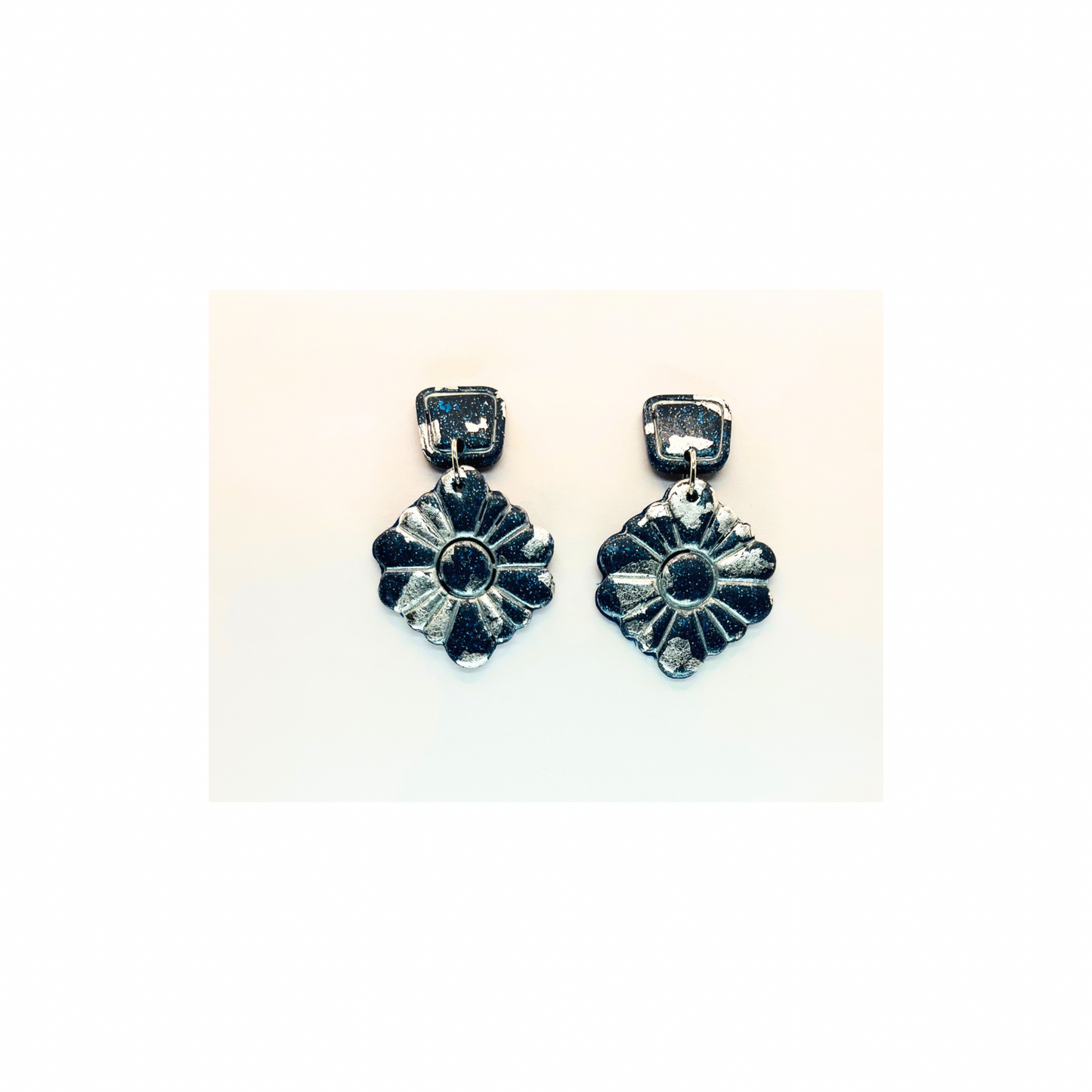 Navy and Silver Sparkle Dangle with Square Stud Earrings