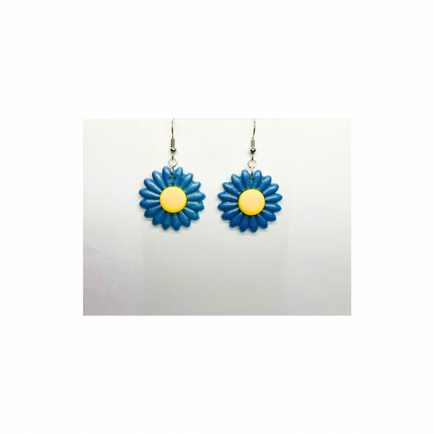 Blue Sunflower Dangle Earring with a Yellow Center