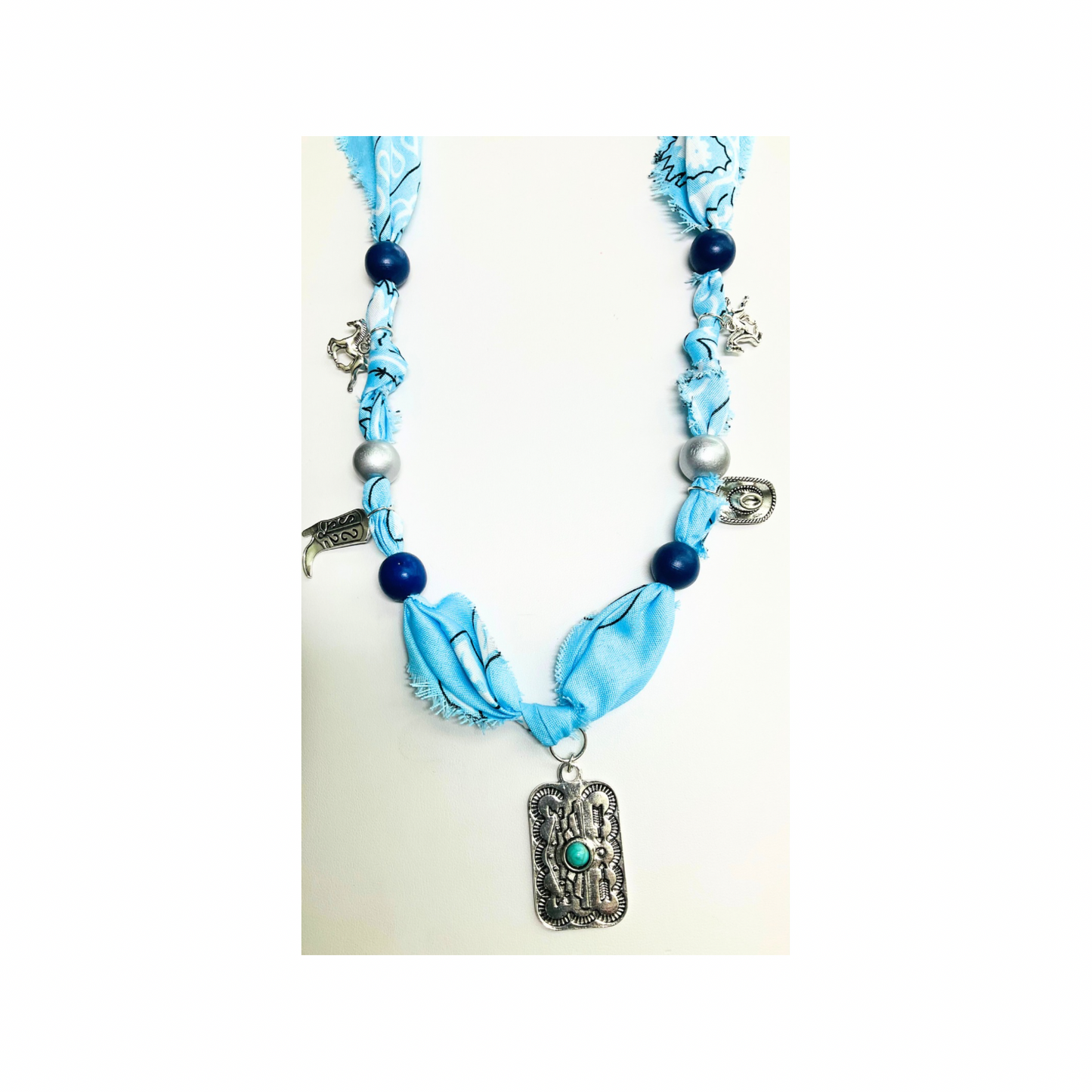 Western Style Blue 21 Inch Bandana Necklace with Silver Charms and Blue and Silver Wood Beads for Stylish Outfits