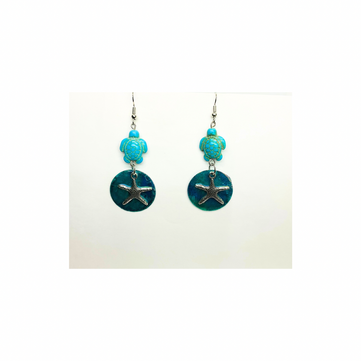 Ocean Collection Blue Flat Shell with Star Fish and Turtle Dangle Earring - Unique Sea Life Design