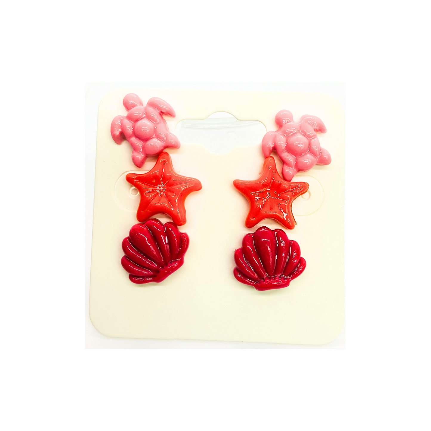 Mermaid Collection Light Pink Turtle, Orange Starfish and Dark Pink Shell Stud Earrings
