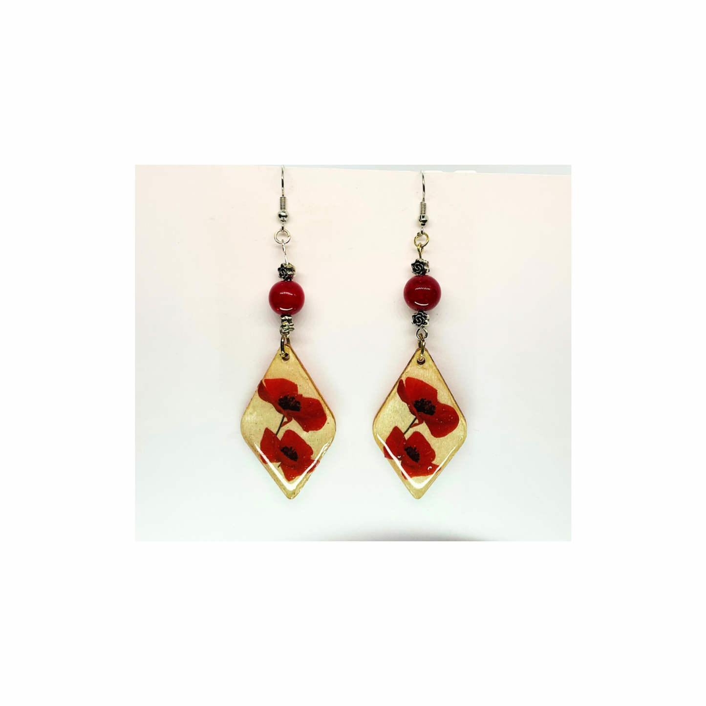 French Garden Collection Wood Diamond Shape with Red Flowers and Red Bead Dangle Earrings