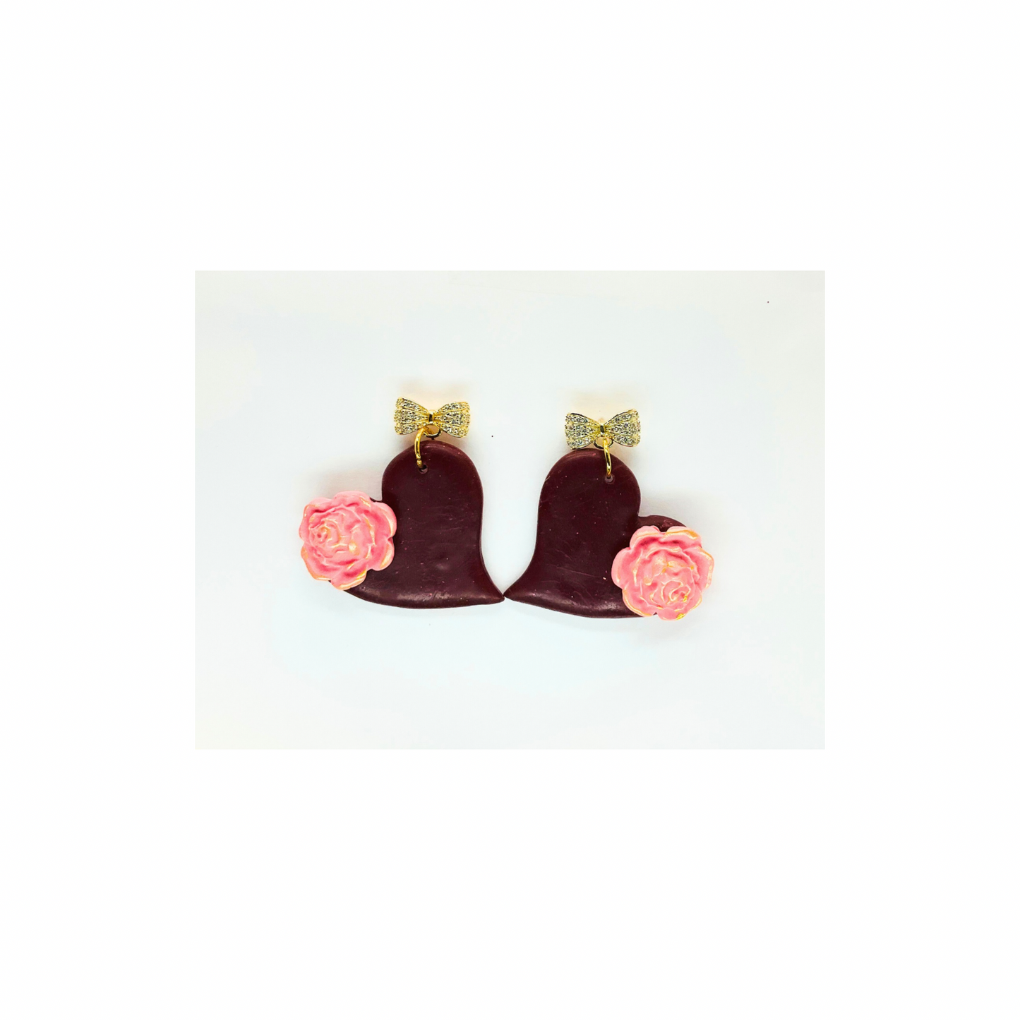 Burgundy Heart Dangle with Pink Flower and Gold Rhinestone Stud-Crafting By BB
