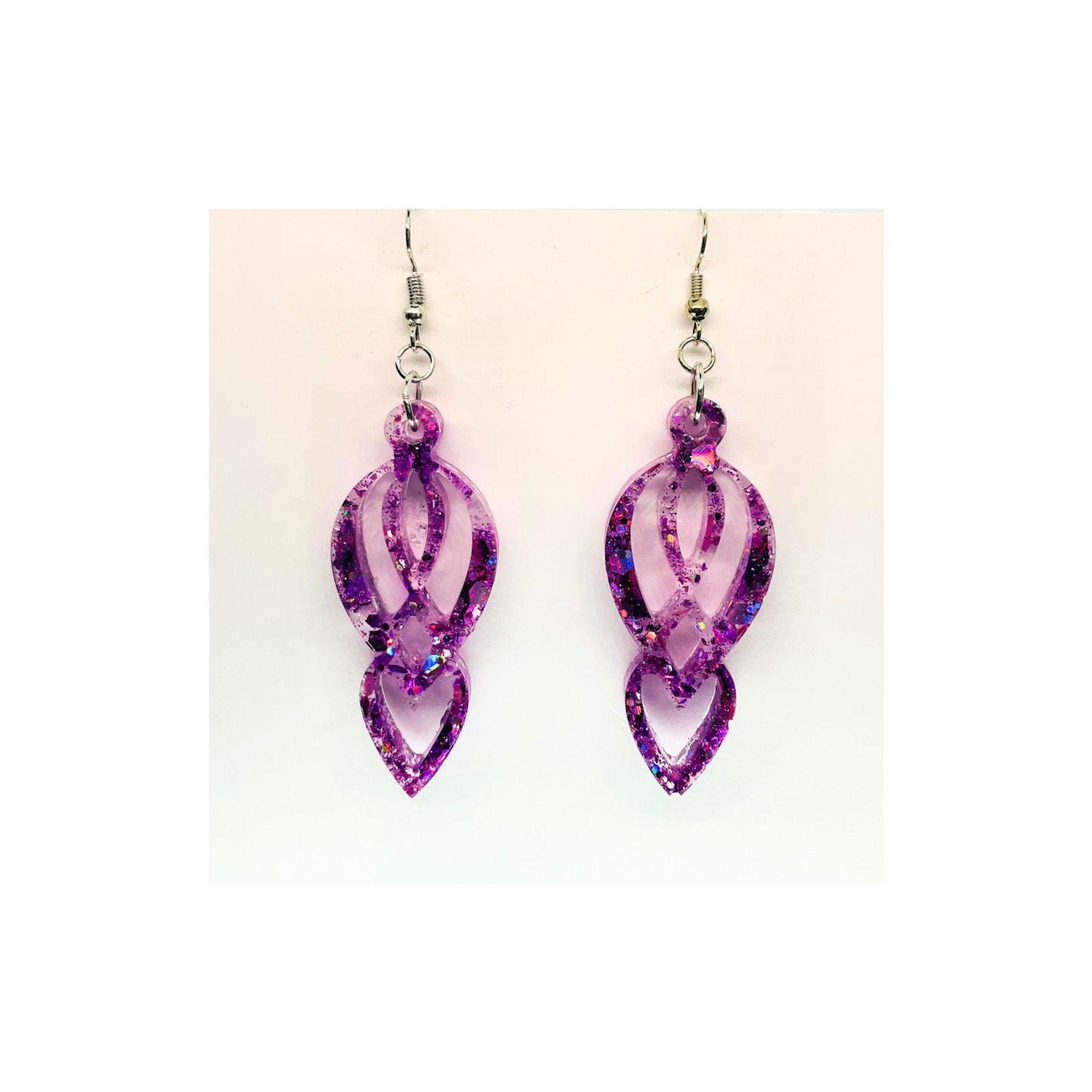 Purple Glitter Filigree Heart Inside Heart Drop Earrings with Silver Wire Carrier Sparkling Holographic Design