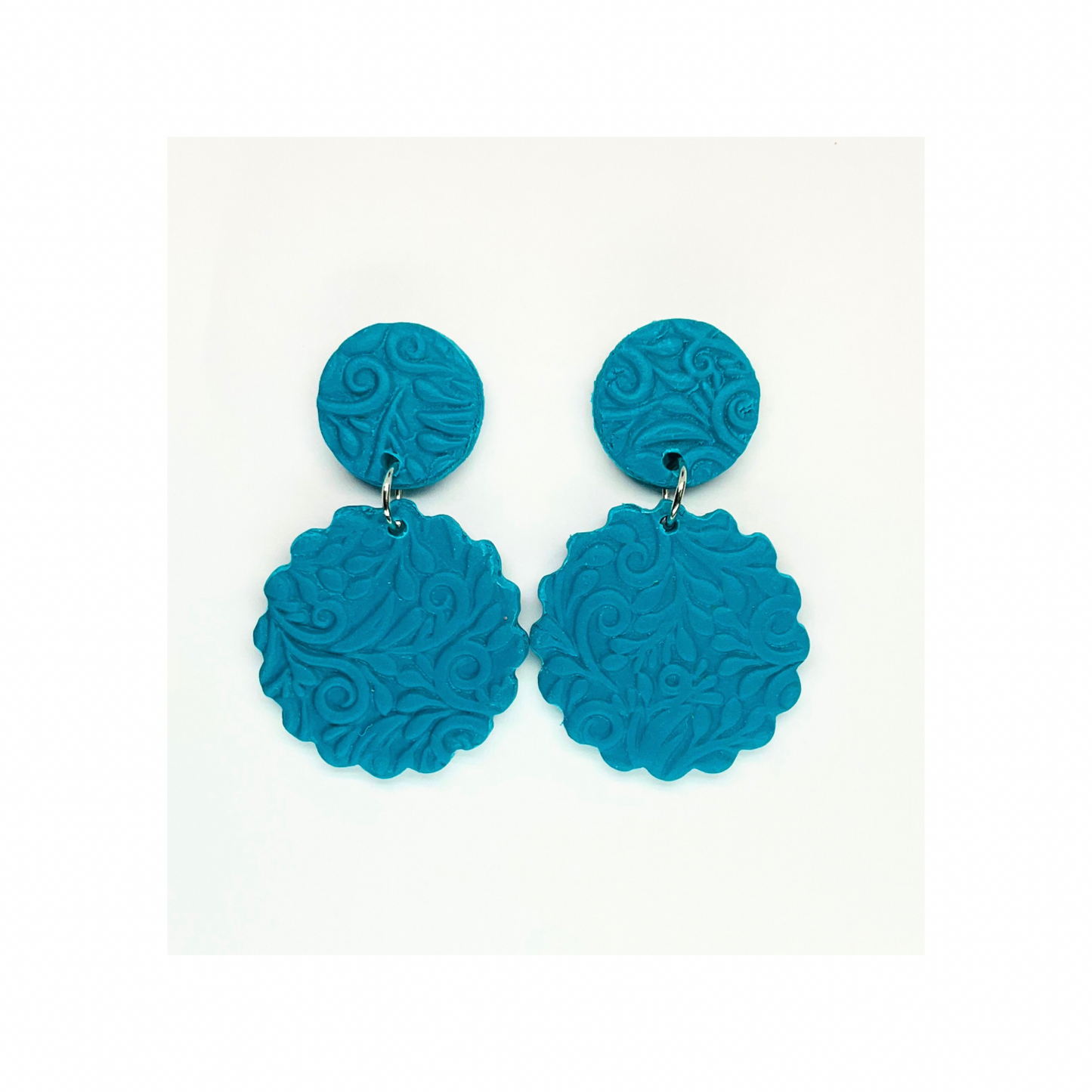 Crystal Teal Textured Circle Stud Dangle Earrings with Intricate Floral Design for Women's Fashion