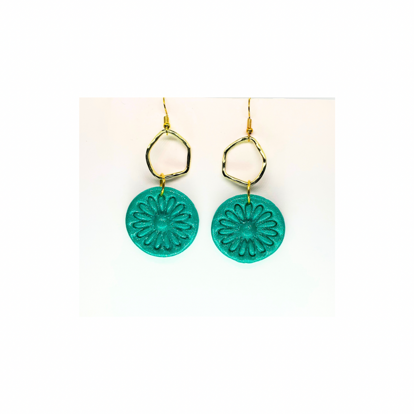 Teal Green Sparkle Circle with Gold Accent Dangle Earrings - Teal Color Floral Design Jewelry Accessory