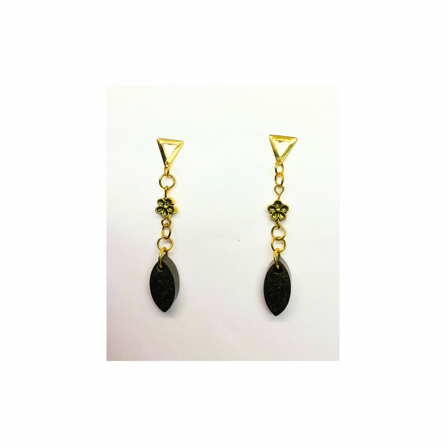 Dark Green Teardrop Stud Dangle Earrings with Gold Flower