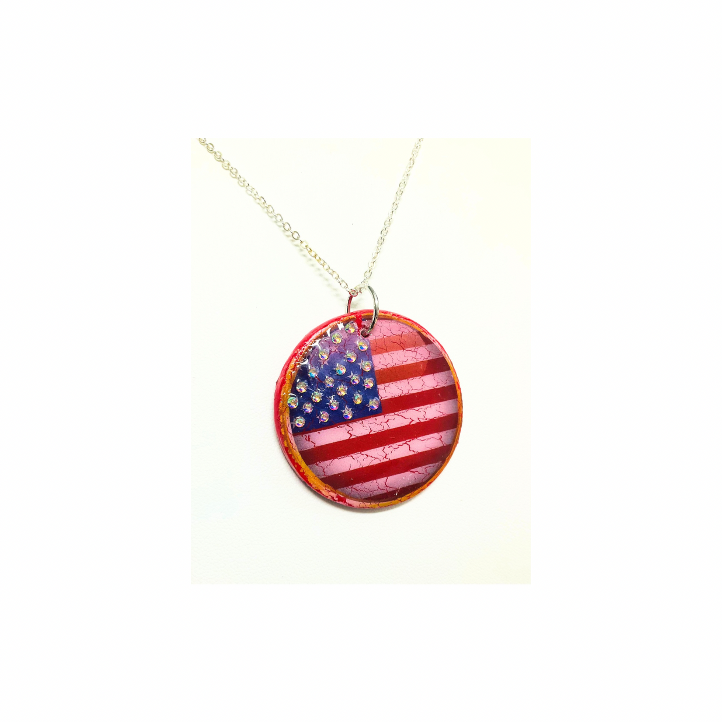 Patriotic Red White and Blue Round Pendant Necklace with Rhinestone Stars Handmade Polymer Clay UV Resin 18 Inch Silver Chain