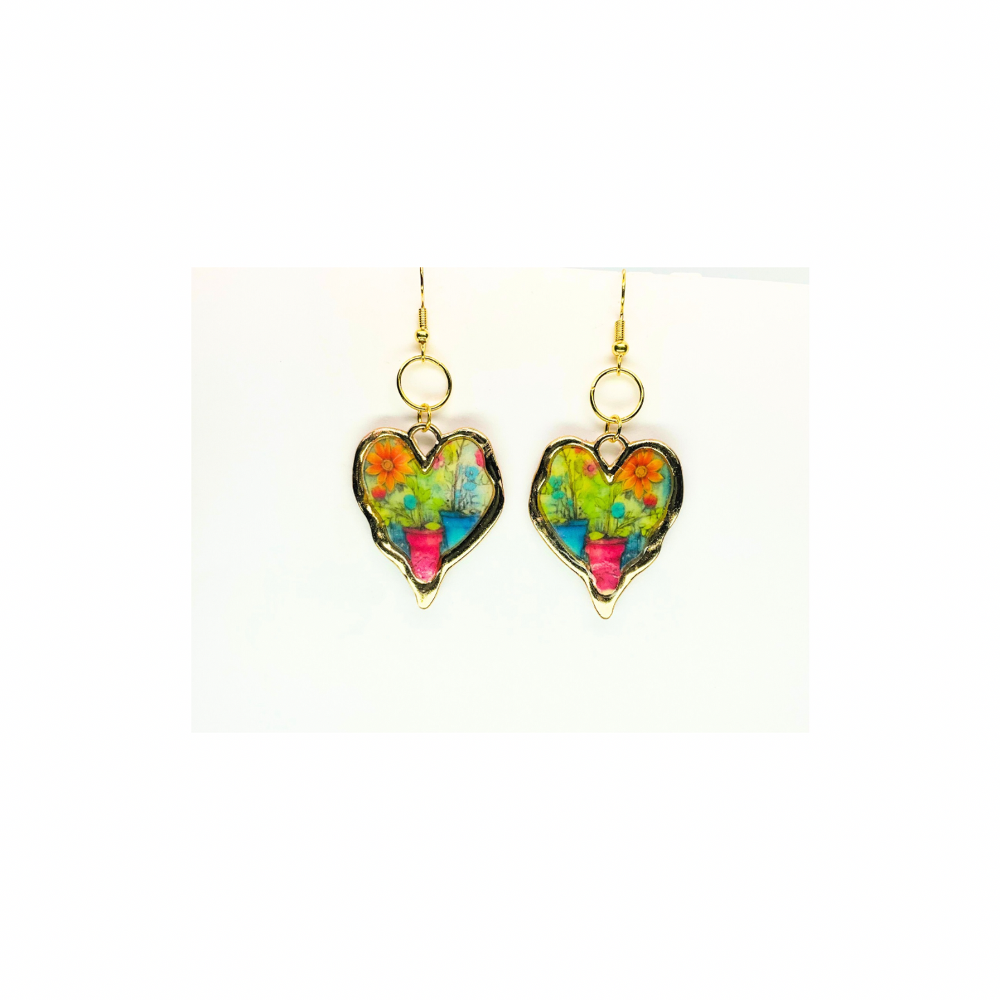 French Garden Collection Gold Heart Dangle Earrings with Vibrant Multicolor Design and Gold Tone Hooks