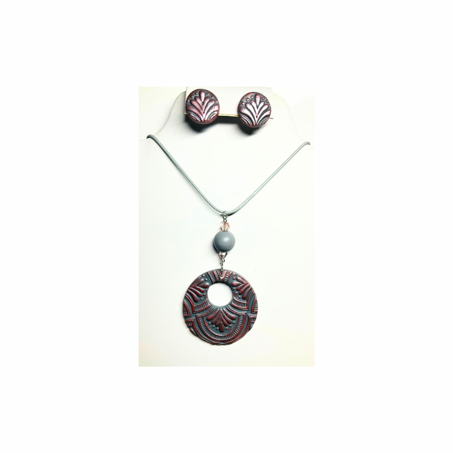 Gray and Pearl Pink Circle Jewelry Pendant and Stud Earring Set with Unique Design and Gray Bead Accent