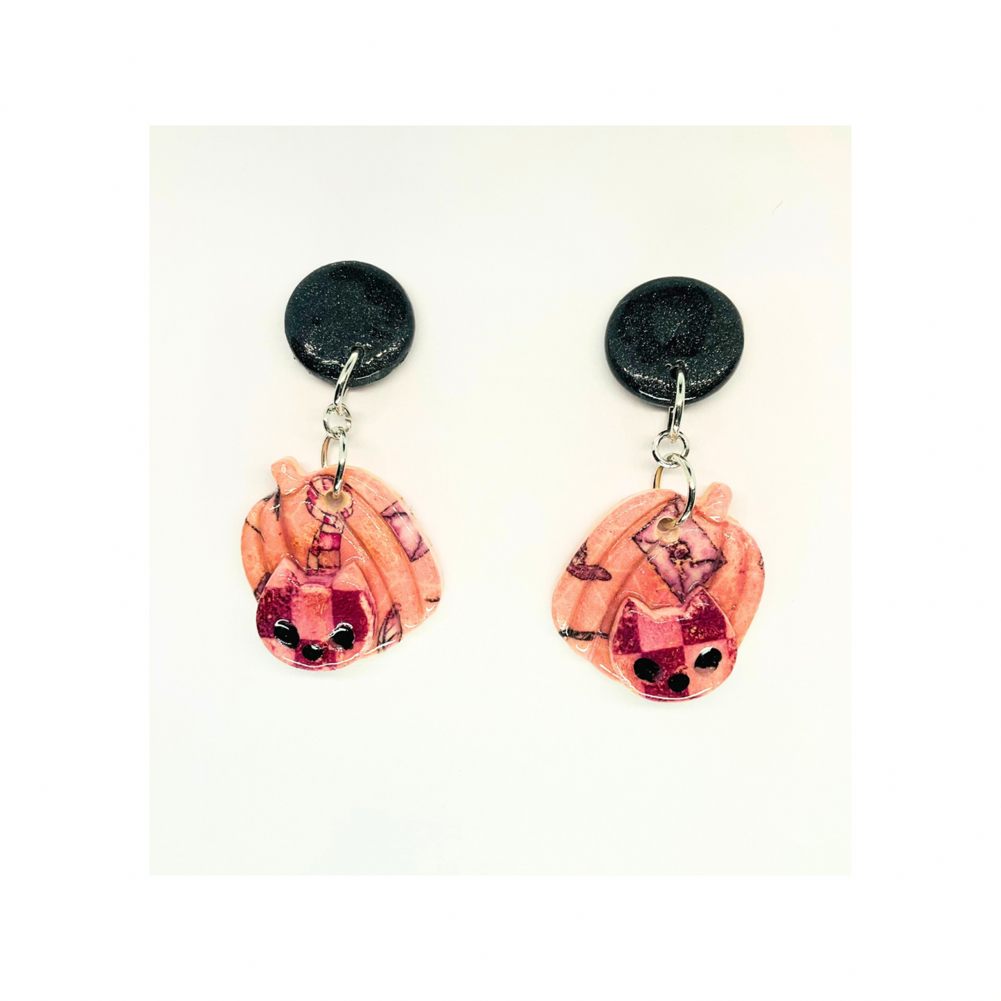 Wizard Collection Pumpkin with Cat Pink Dangle Earrings - Unique Design with Cat Accent