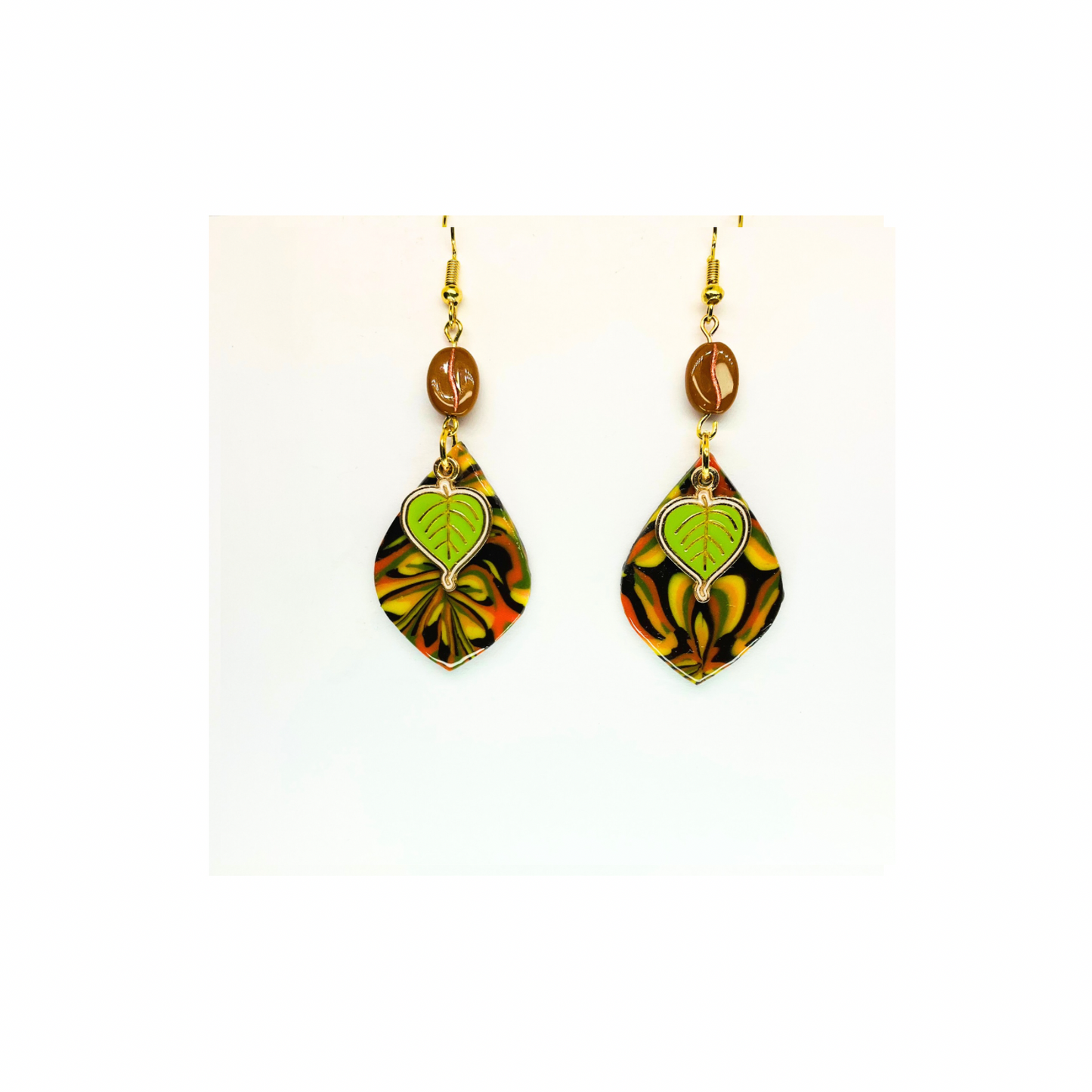 Fall Collection Green Leaf Charm Dangle Earrings with Colorful Leaf Design and Gold-Tone Hooks