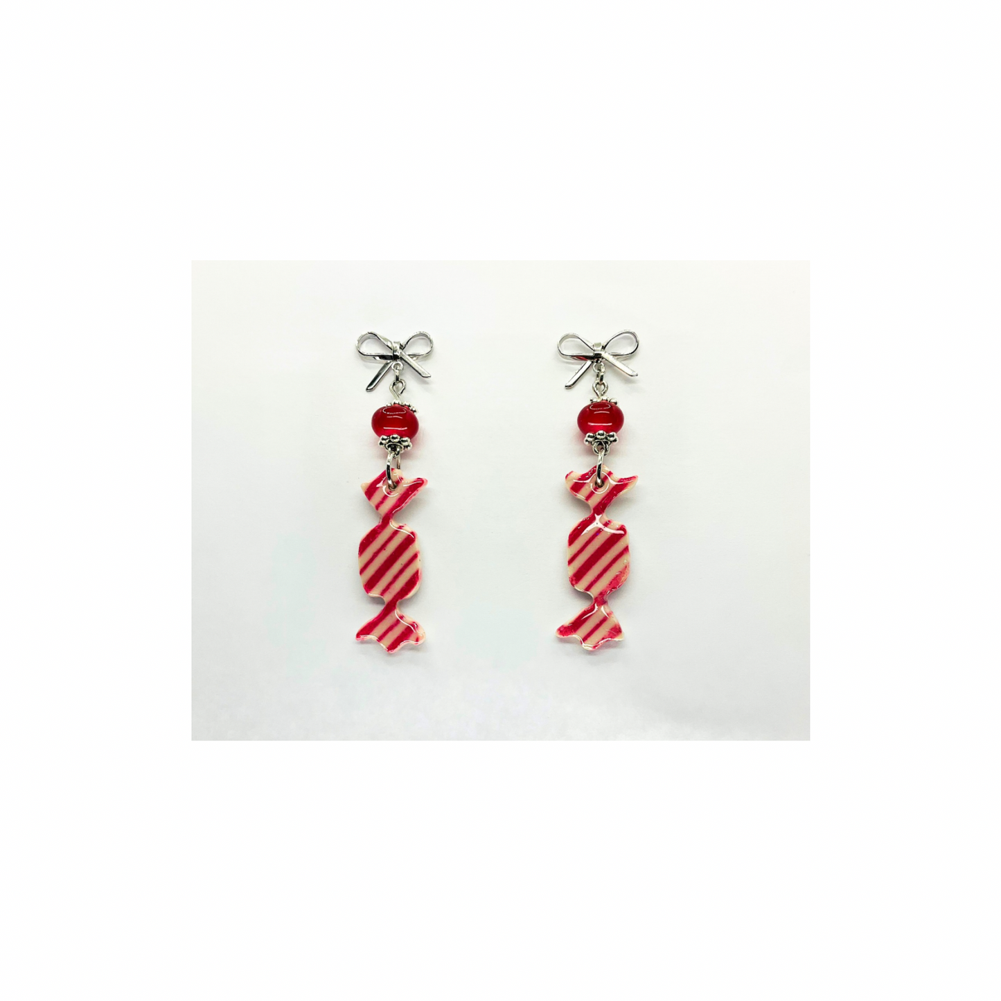 Wrapped Red Striped Candy Dangle with Red Bead and Silver Stud Earrings