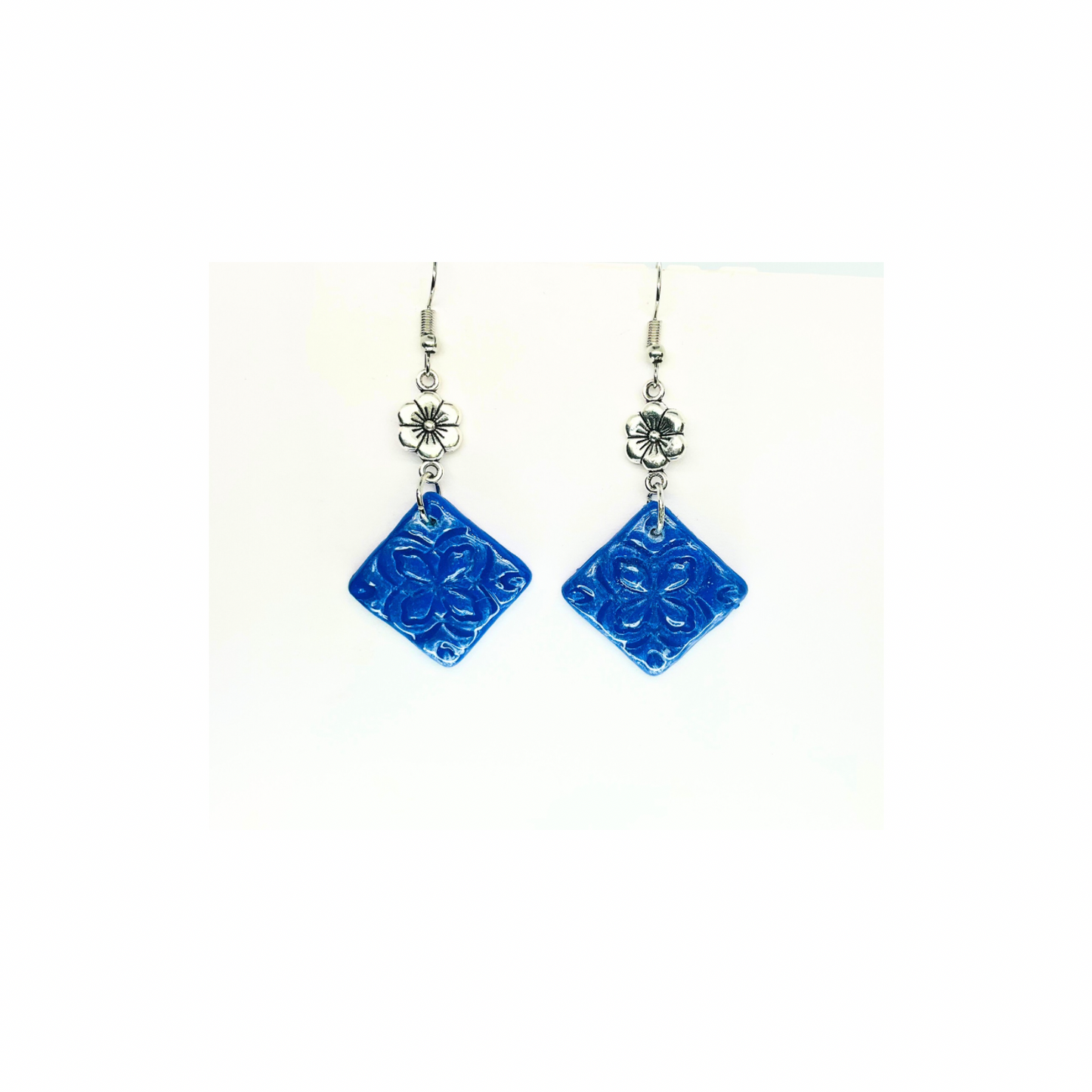 Blue Tile 132 with Silver Flower Charm Dangle Earrings - Square Design & Colorful Appeal