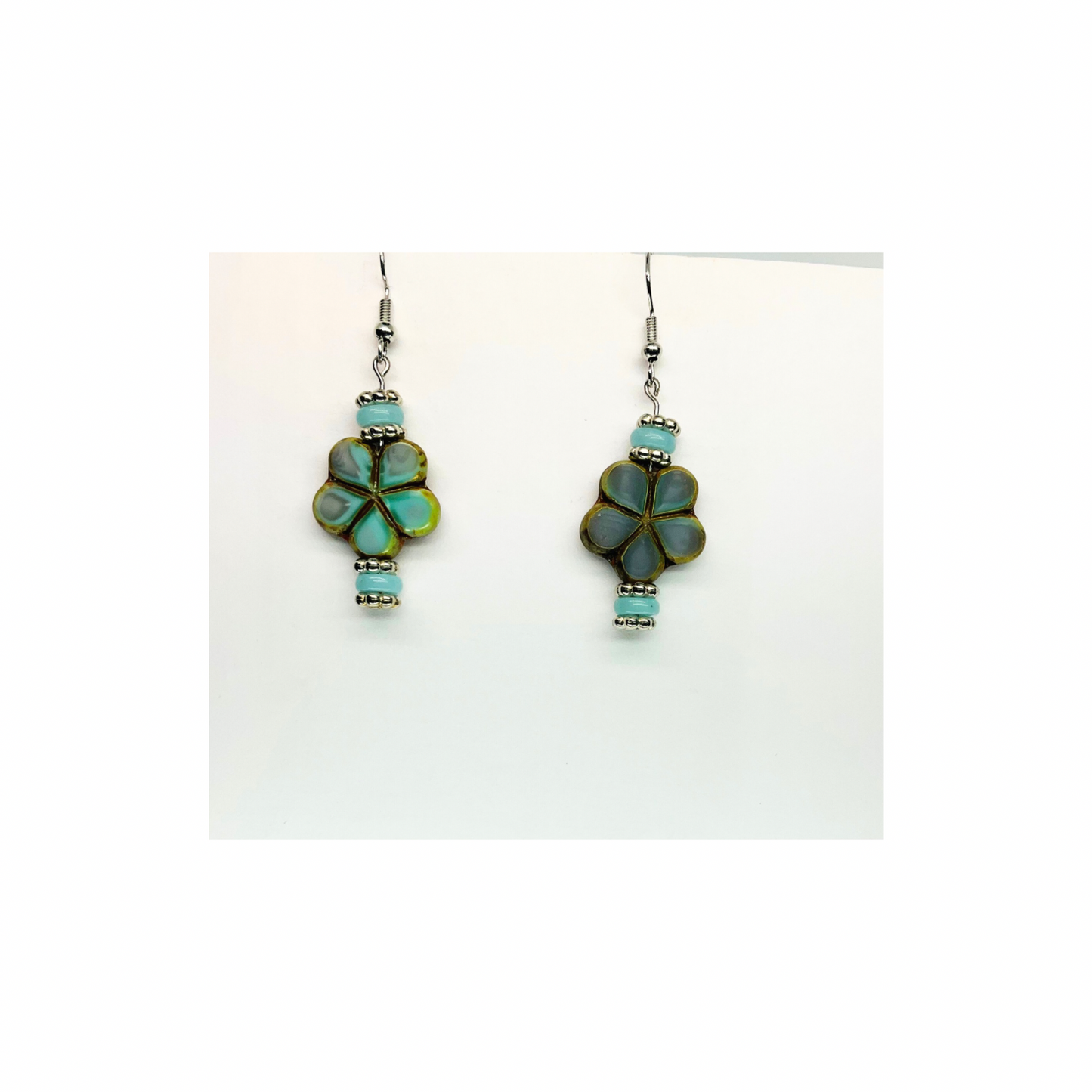 Porcelain Bead Collection with Flower Dangle Earrings - Elegant Design Featuring Teal and Silver Accents