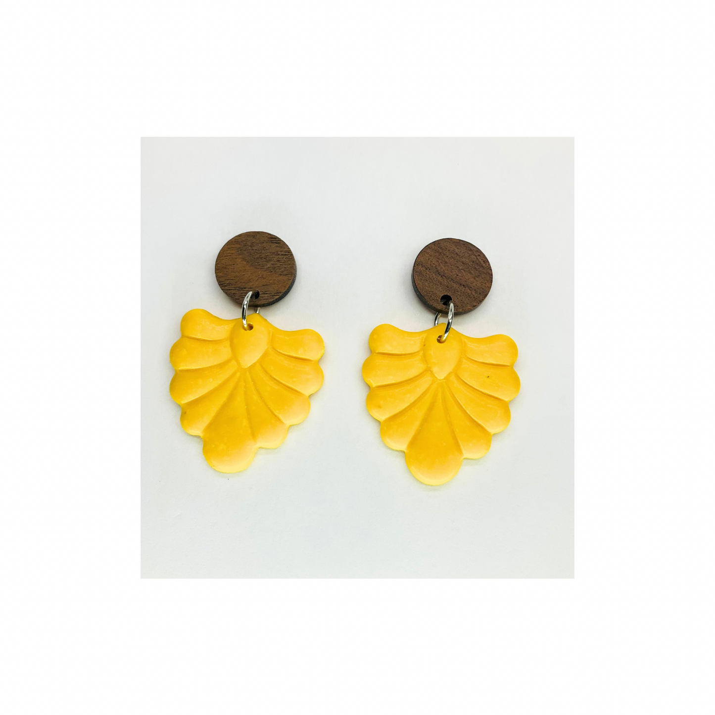 Fall Collection Yellow Dangle Earrings with Wood Button Studs Unique Design Fashion Accessory