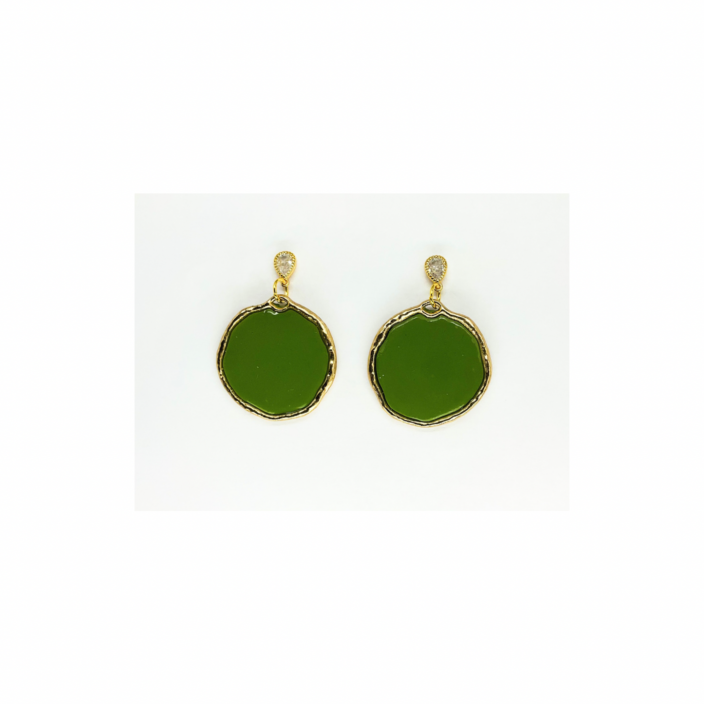 Olive Green and Gold Circle Dangle with Teardrop Rhinestone Stud Earrings-Crafting By BB