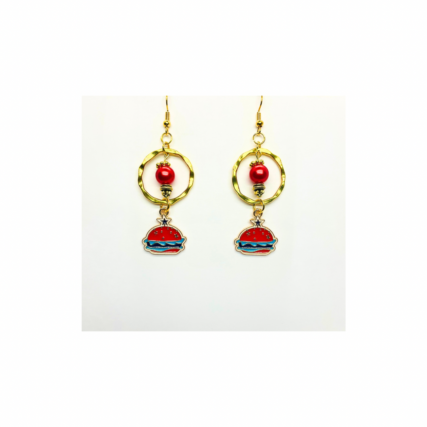 Patriotic Collection Gold Circle with Hamburger Charm Dangle Earrings