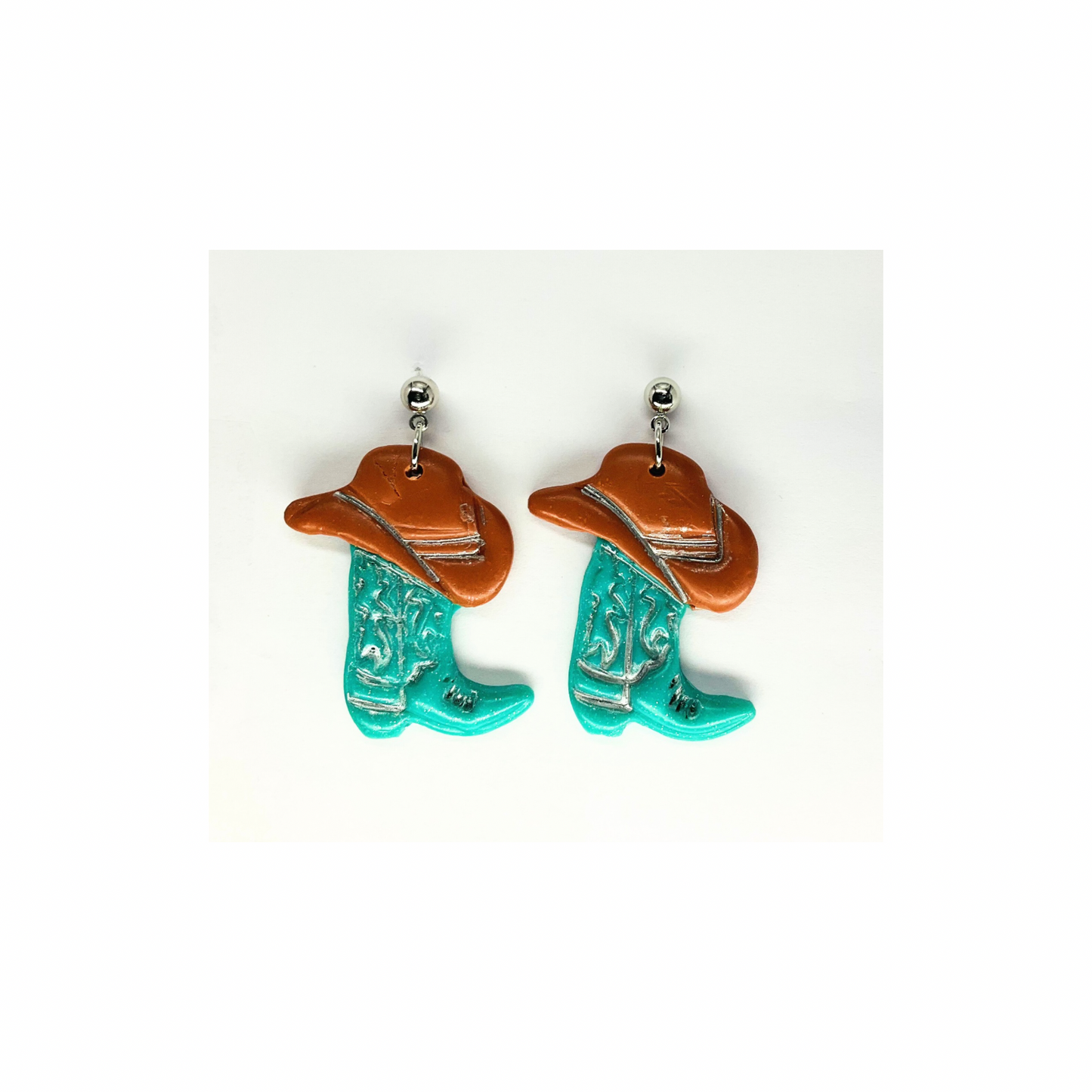 Turquoise Boots and Brown Hat with Silver Ball Stud Dangle Earrings-Crafting By BB