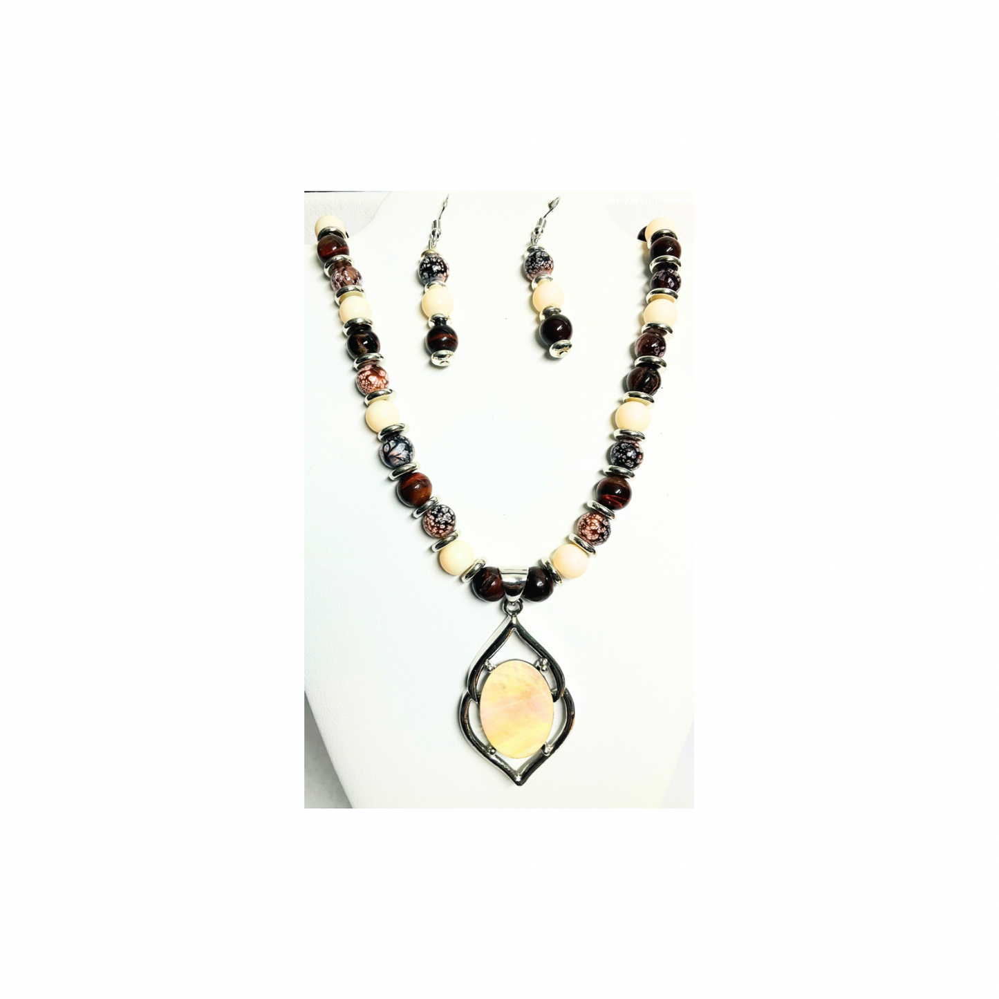 Beaded Necklace and Dangle Earring Set: Mother of Pearl Pendant