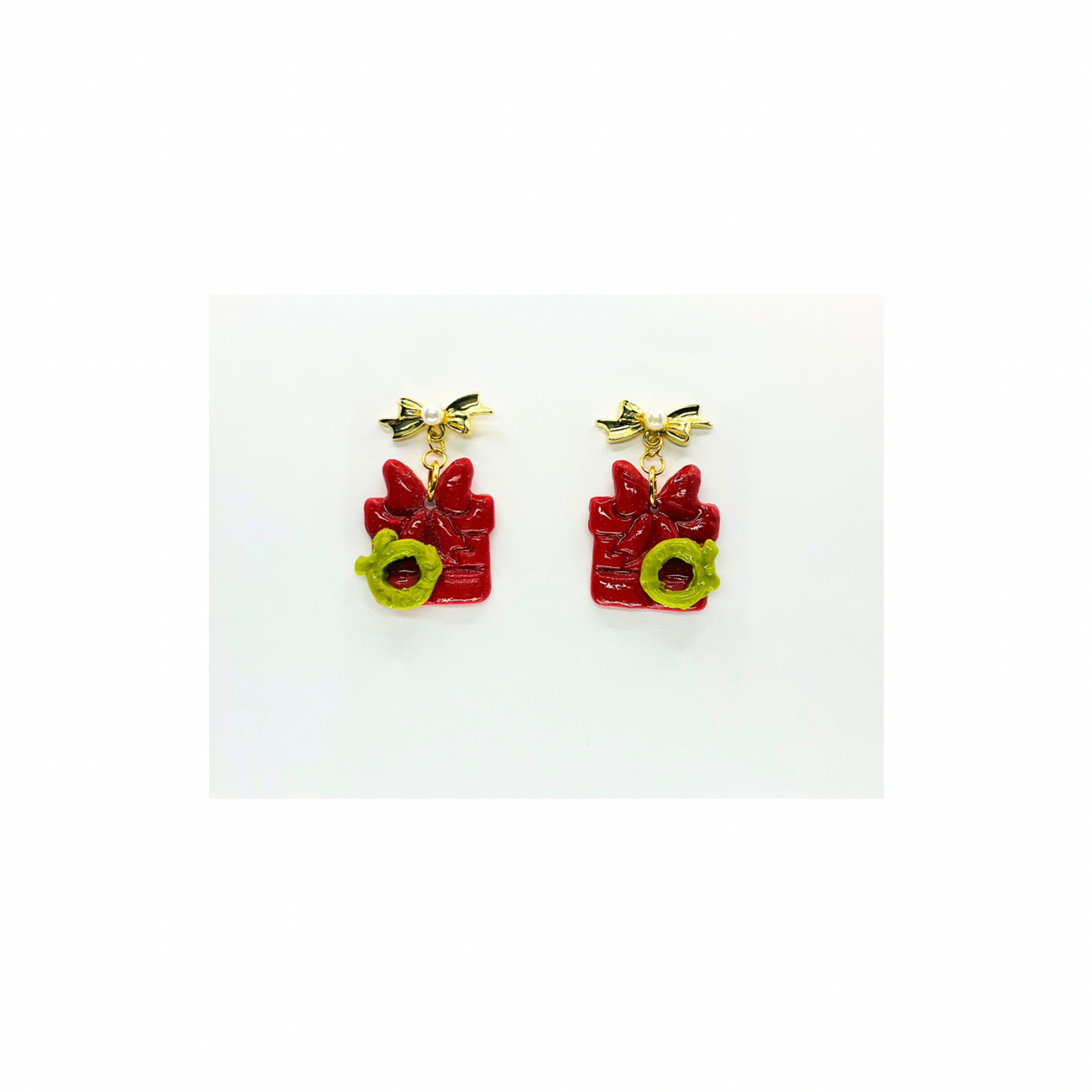 Christmas Gift Earrings: Red Present with Gold Bow, Holiday Dangles