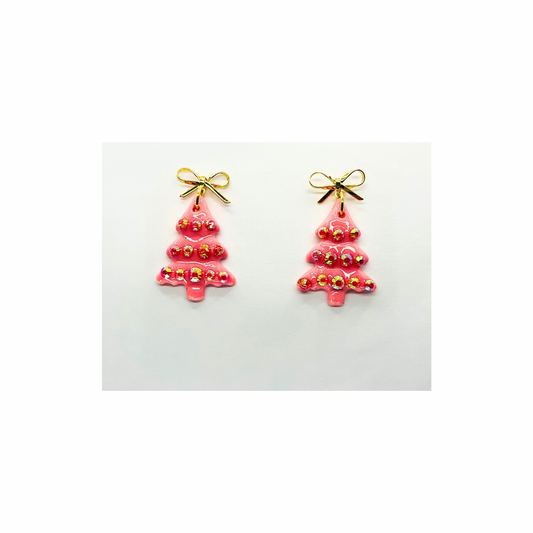 Pink Rhinestone Tree with Gold Bow Stud Dangle Earrings for Festive Wear