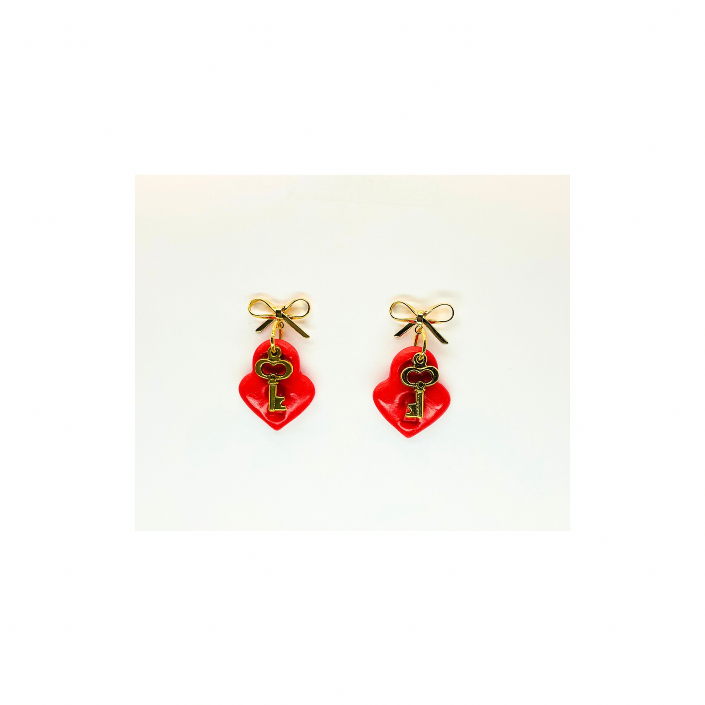 Red Heart Lock Dangle with Gild Key Charm and Bow Stud Earrings-Crafting By BB