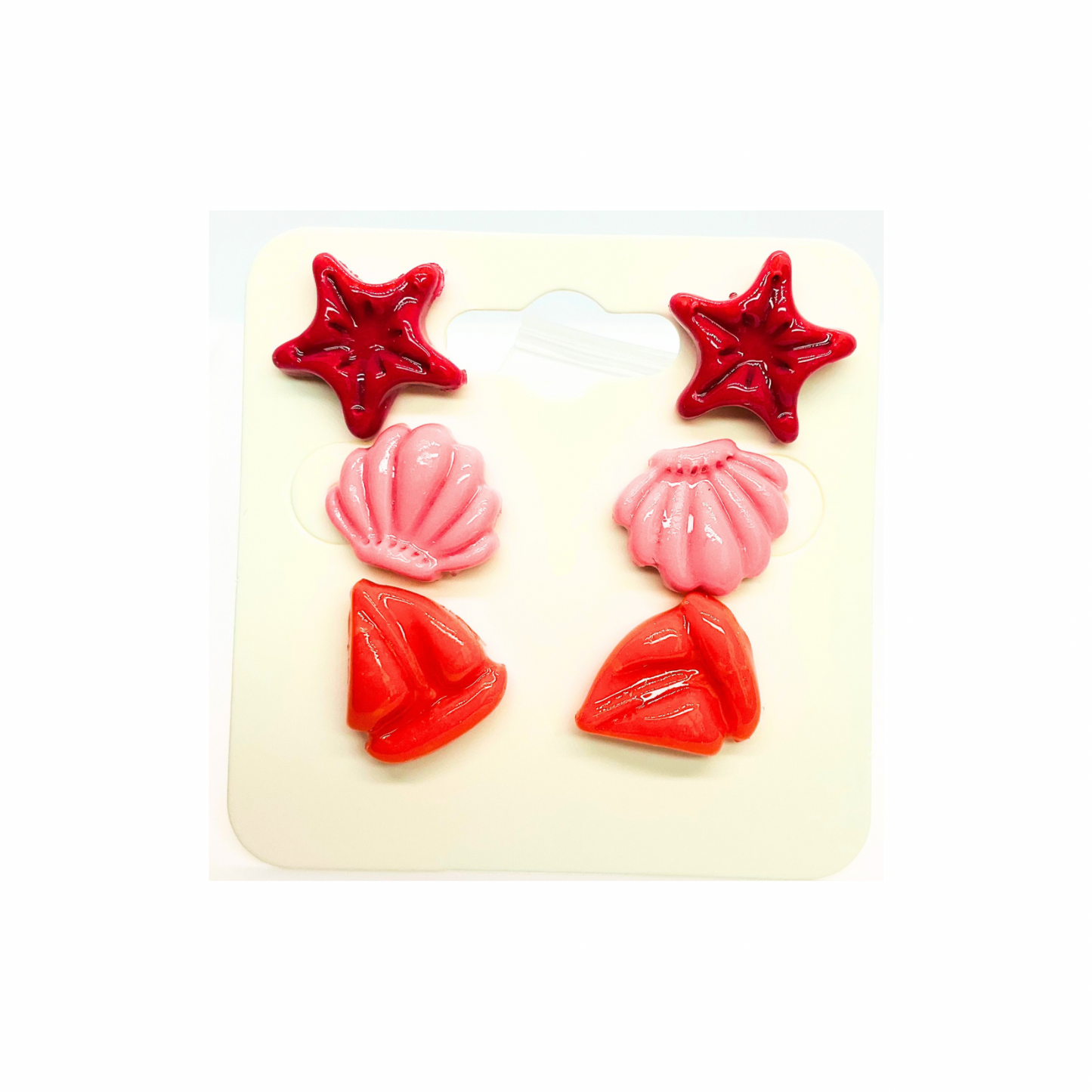 Mermaid Collection Pink Starfish, Light Pink Shell, Orange Sailboat Stud Earrings