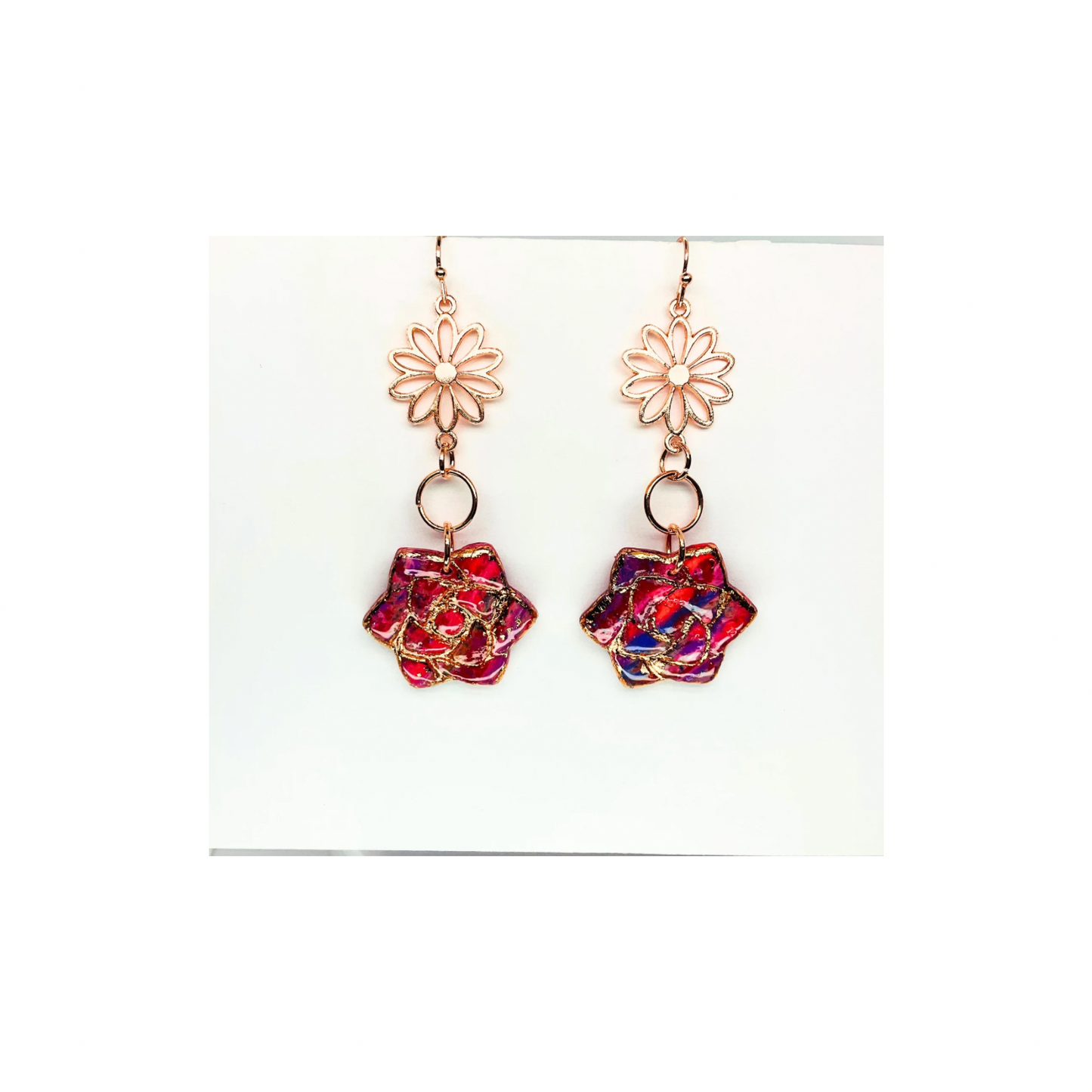 Rose Gold Collection Rose Shape Dangle Earrings with Colorful Floral Design and Elegant Daisy Top