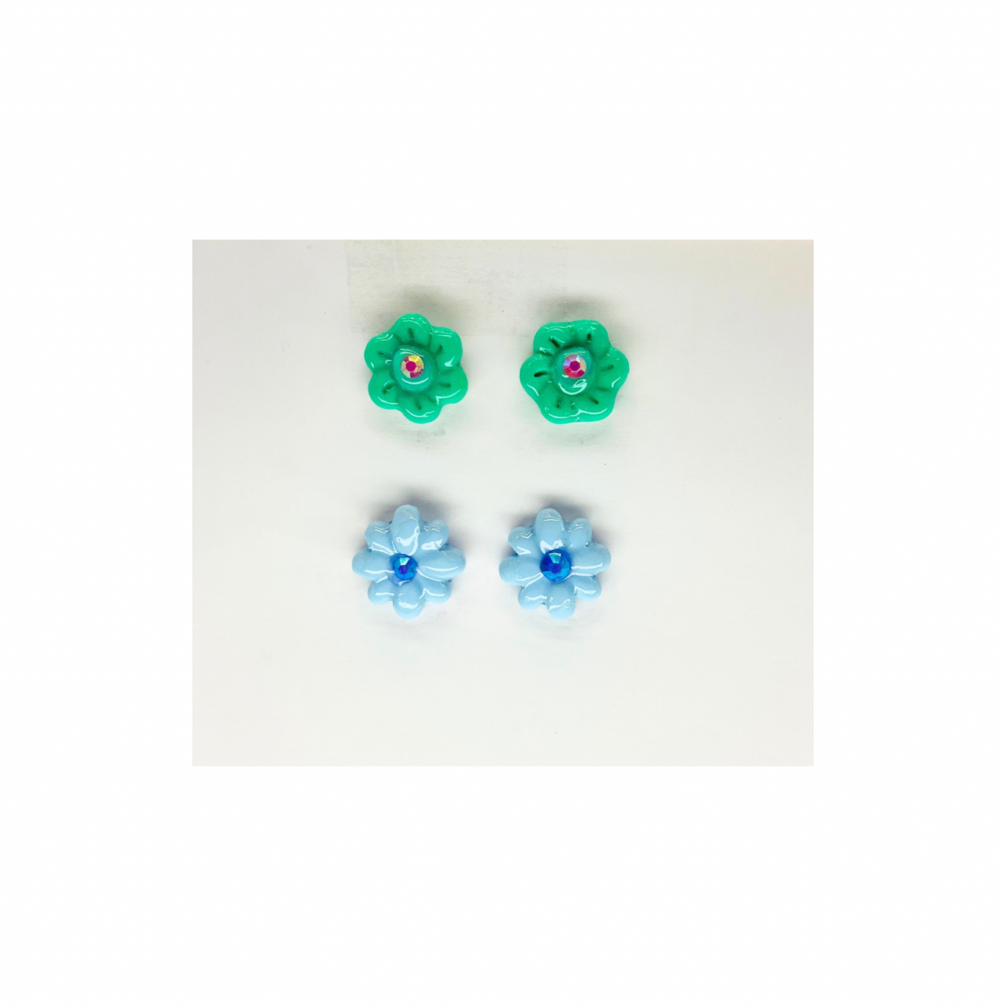 Blue and Green Flower Studs with Rhinestone Earrings-Crafting By BB