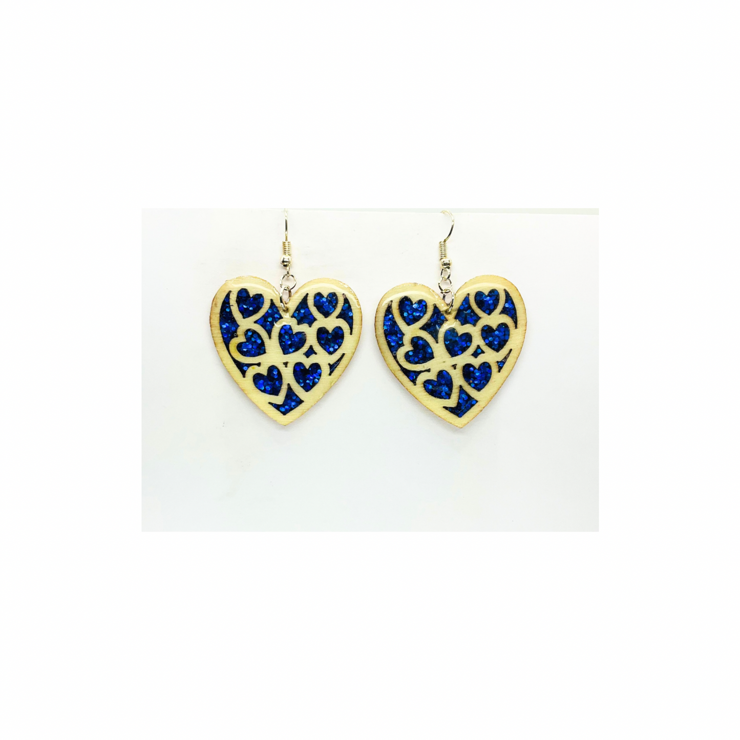 Blue Stained Glass Heart Earrings Handmade Wood Cutout with Sparkle Resin Silver Dangle Ear Hook Unique One-of-a-Kind Jewelry