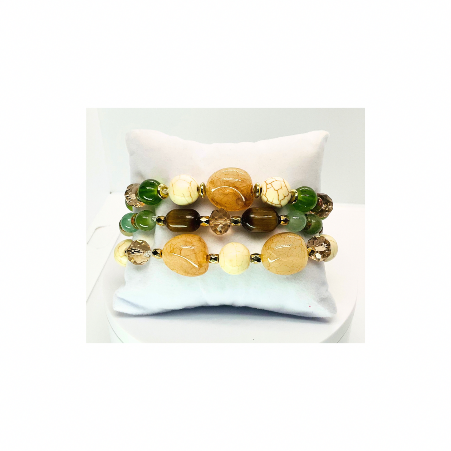 Cream and Green Set of Three Stretch 7-Inch Beaded Bracelet Set with Unique Bead Designs for Everyday Wear