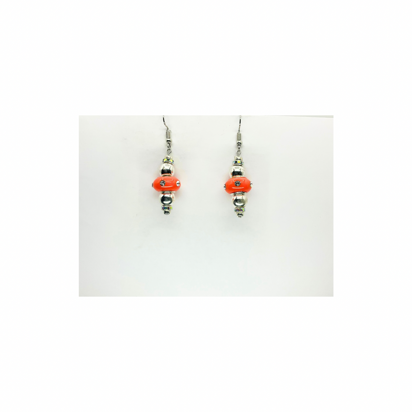 Orange Rhinestone Bead Dangle with Silver Bead Earrings