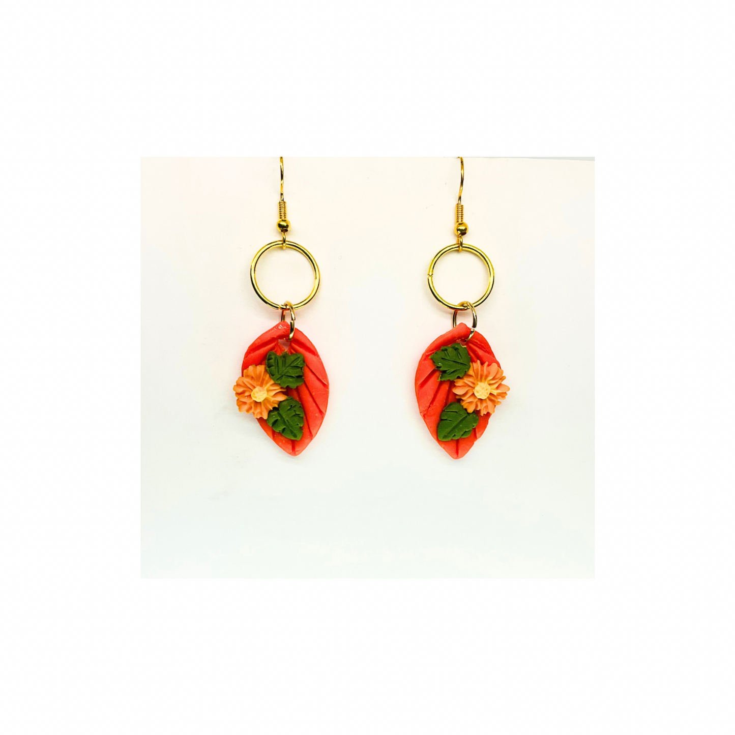 Fall Collection Orange Leaf with Floral Dangle Earrings - Unique Design with Green Leaves and Floral Accents