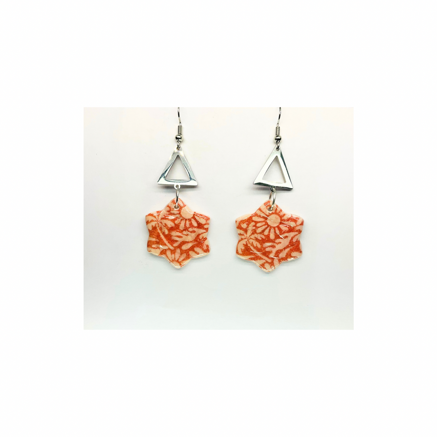 Beach Bloom Collection Salmon Star Shape Dangle Earrings with Orange Floral Design and Silver Triangle Top