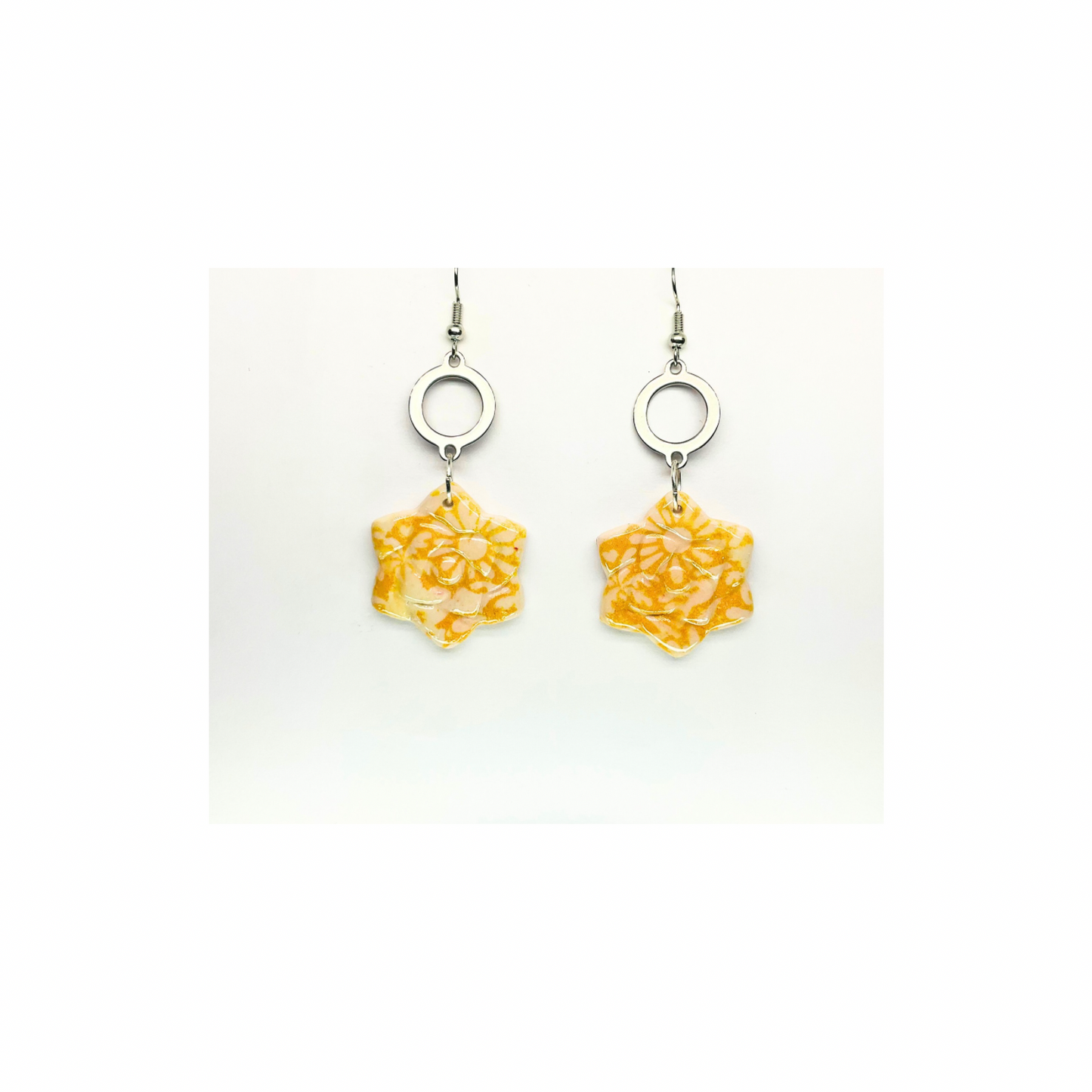 Beach Bloom Collection Yellow Star Shape Dangle Earrings with Floral Design and Silver Rings