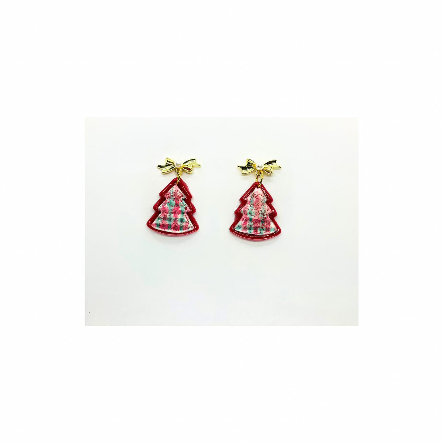 Sparkly Red Plaid Tree Dangle Earrings with Gold Bow Studs