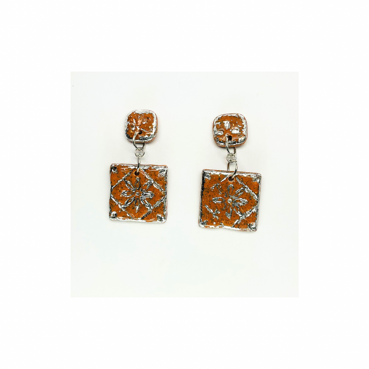 Terracotta Tile Stud with Silver Accents Dangle Earrings -  Square Design with Intricate Patterns