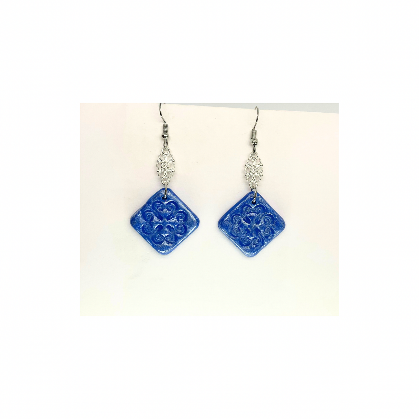 Blue Tile 131 with Silver Charm Dangle Earrings - Unique Design Jewelry Piece