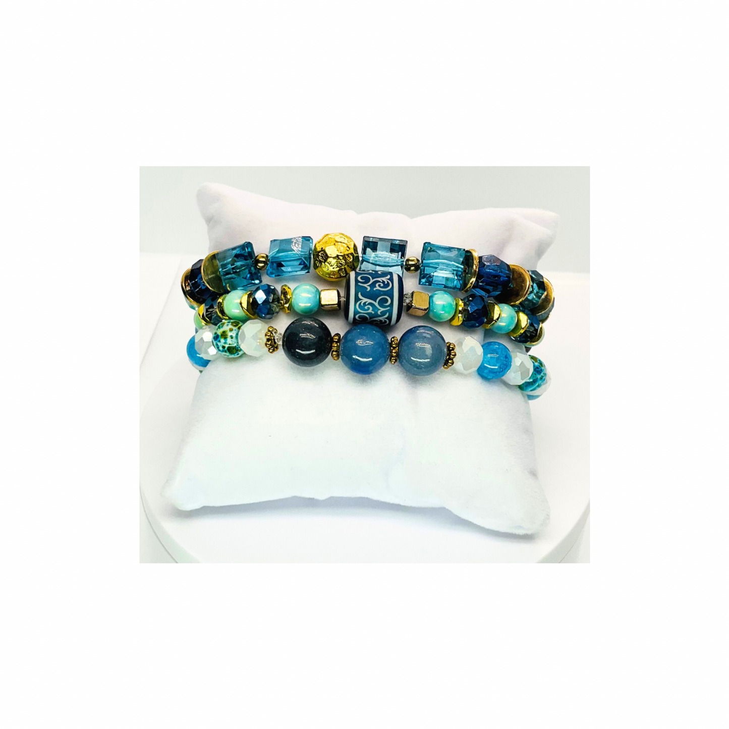 Blue Stacked Stretch Set of Three Bracelets with Colorful Beads and Gold Accents for Stylish Accessory