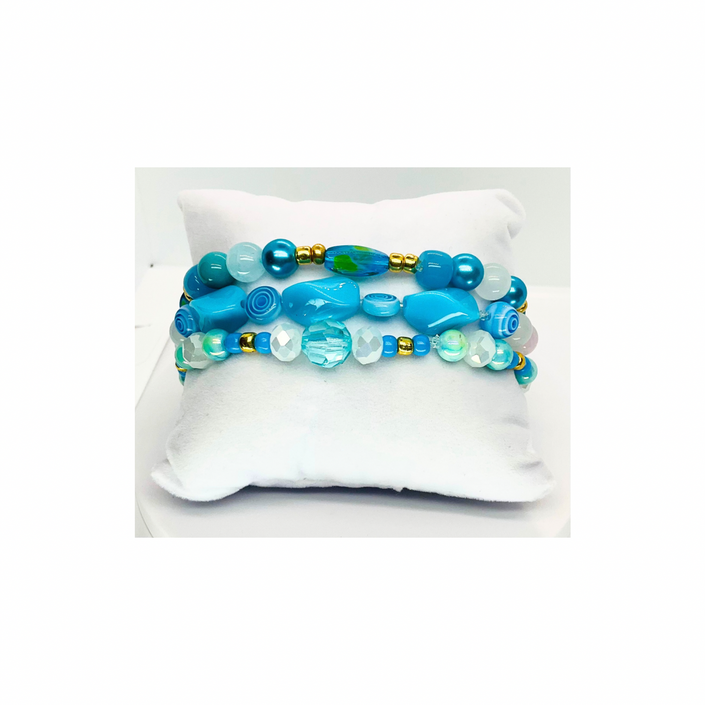 Turquoise Blue and Gold Stacked Stretch Bracelet Set of Three with Beaded Design and Gold Accents