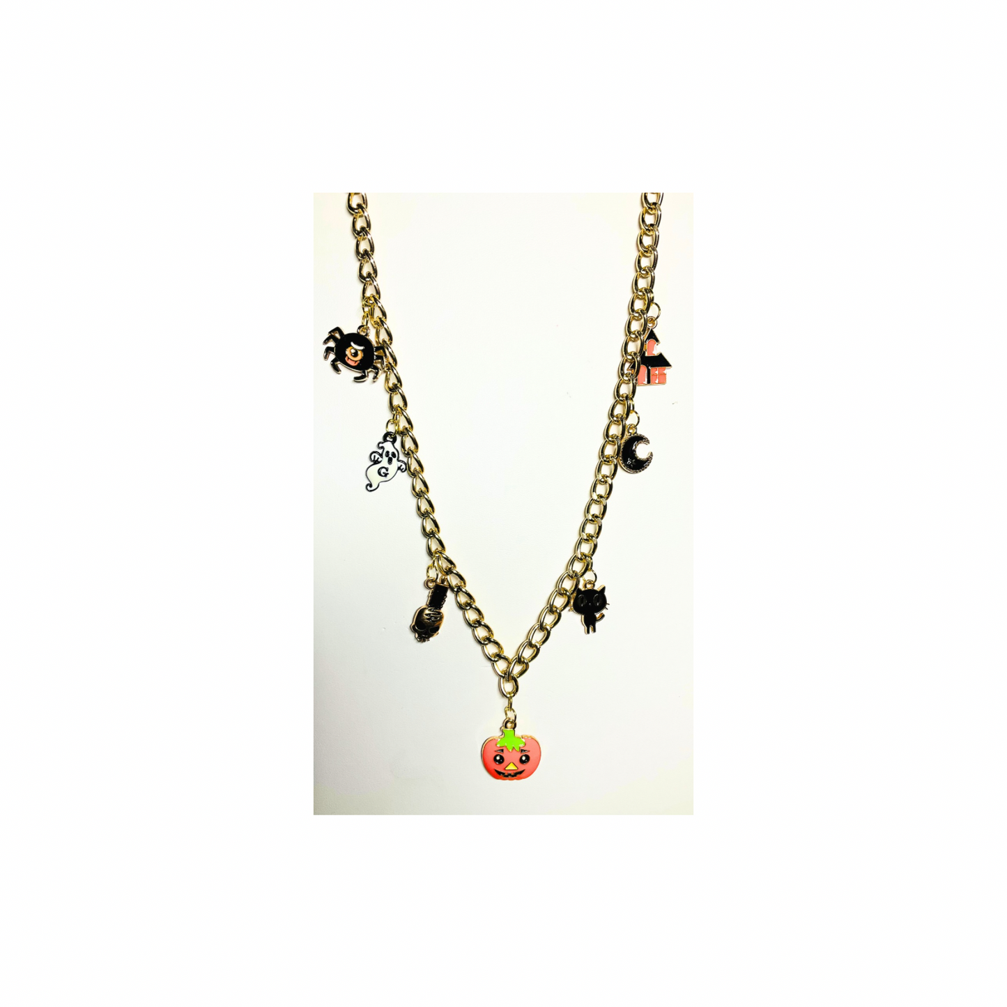 Fall Collection Halloween Gold 18-inch Cable Length Chain Charm Necklace with Pumpkin and Spider Charms