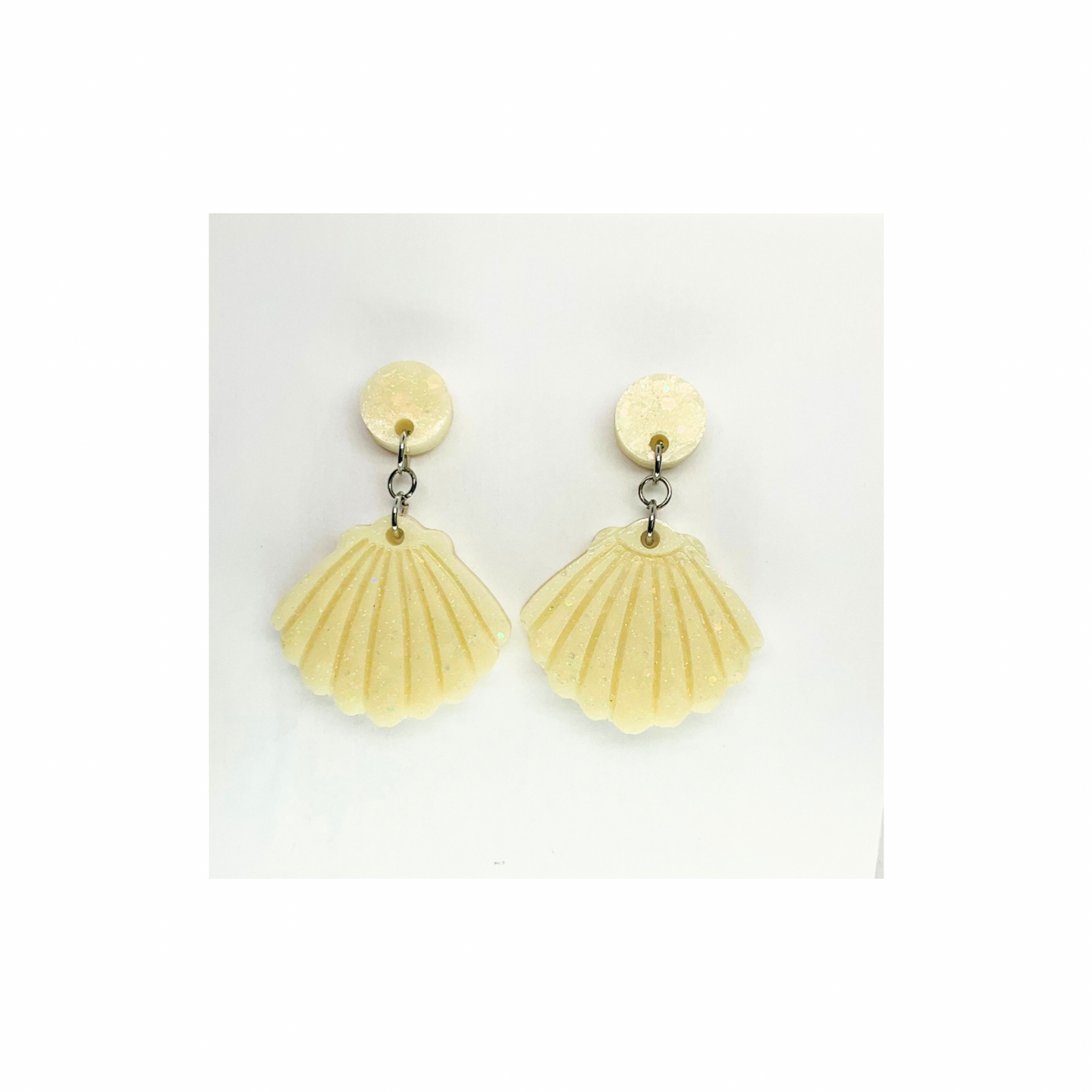 Ocean Collection Crean Sparkle Shell Dangle Earrings - Cream Acrylic Metallic Paint & Fine White Glitter Resin Earrings with Silver Post