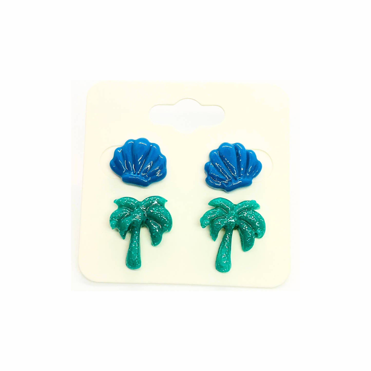 Ocean Collection Blue Shells & Green Palm Tree Stud Earrings - Unique Design Jewelry for Women