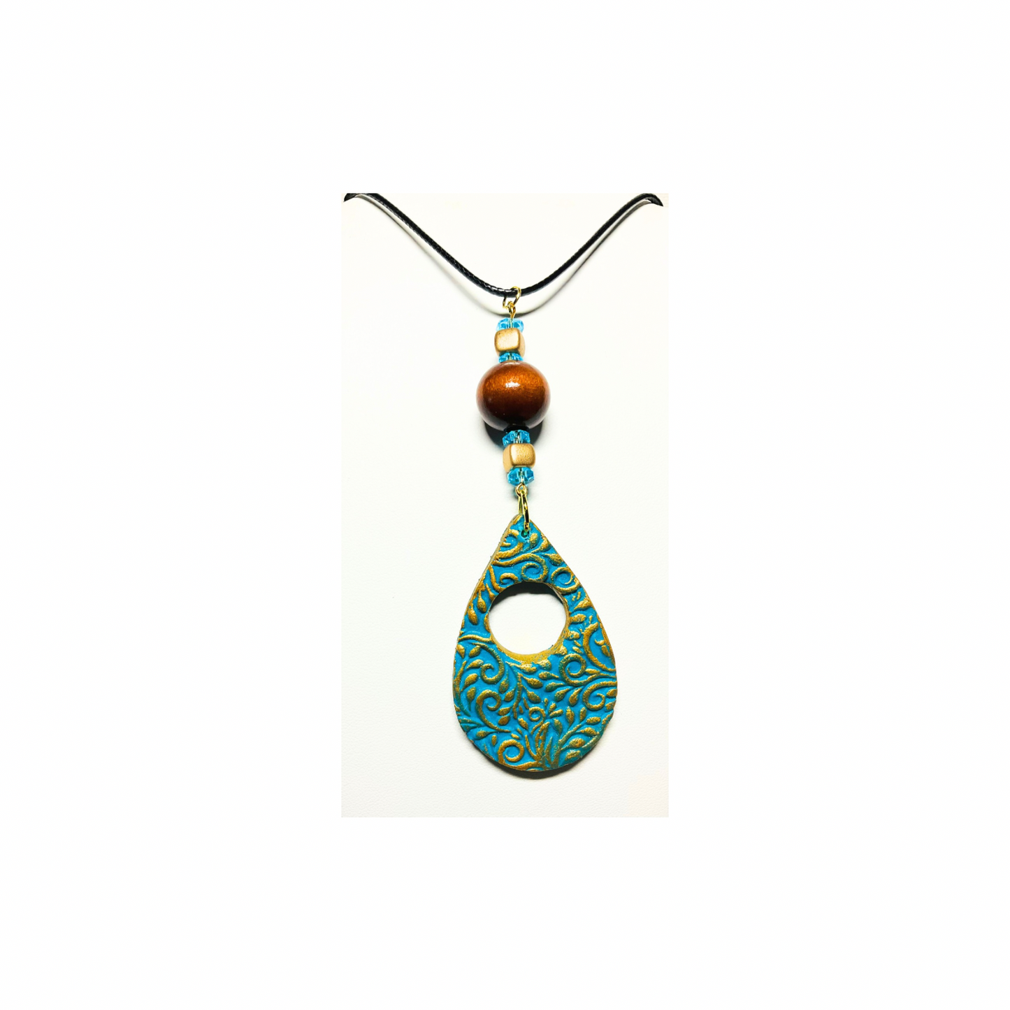 Turquoise and Gold Teardrop Pendant Beaded 18-inch PU Leather Necklace with Intricate Design and Beads