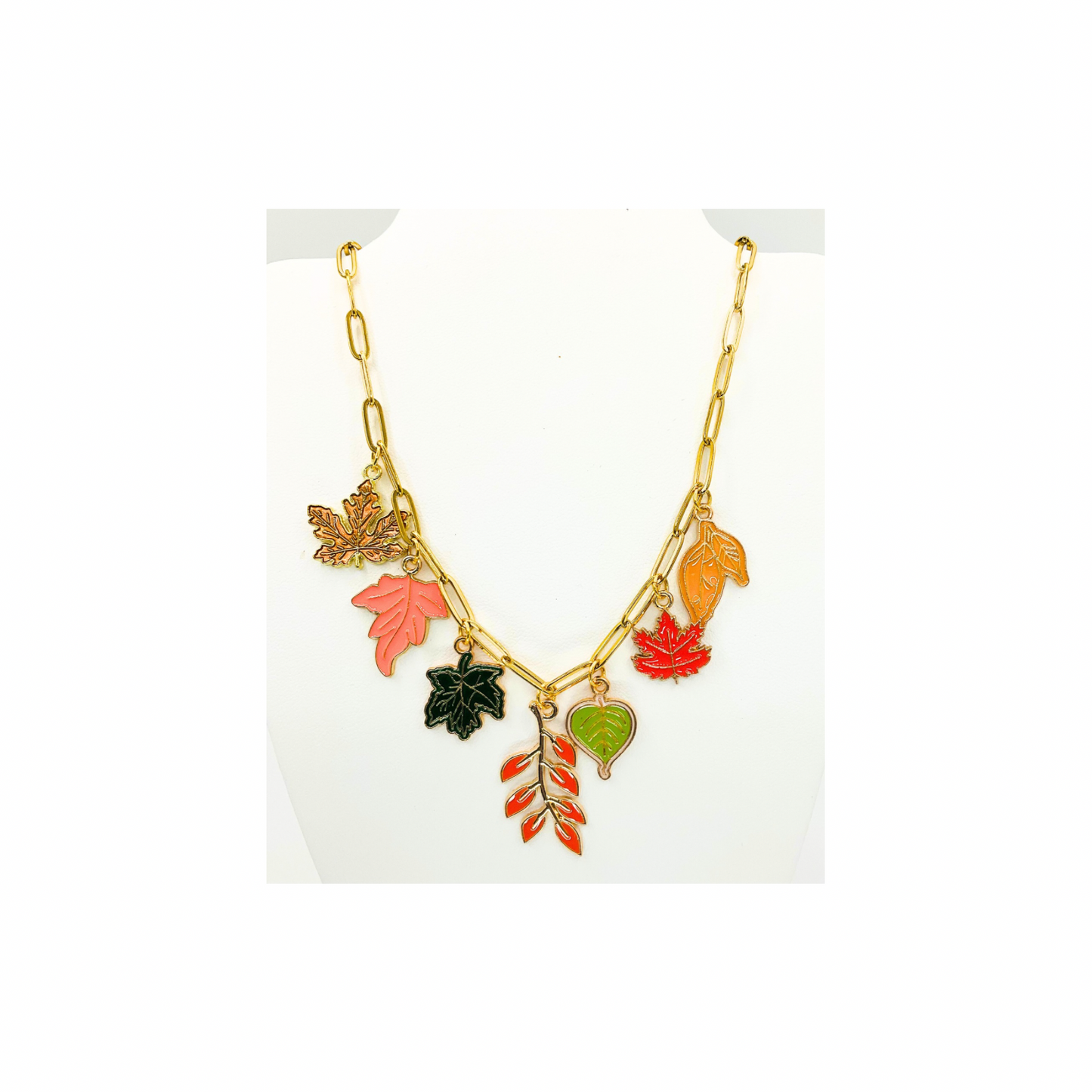 Fall Collection Charm 18-Inch Paperclip Necklace and Bracelet Set with Vibrant Leaf Charms for Seasonal Style