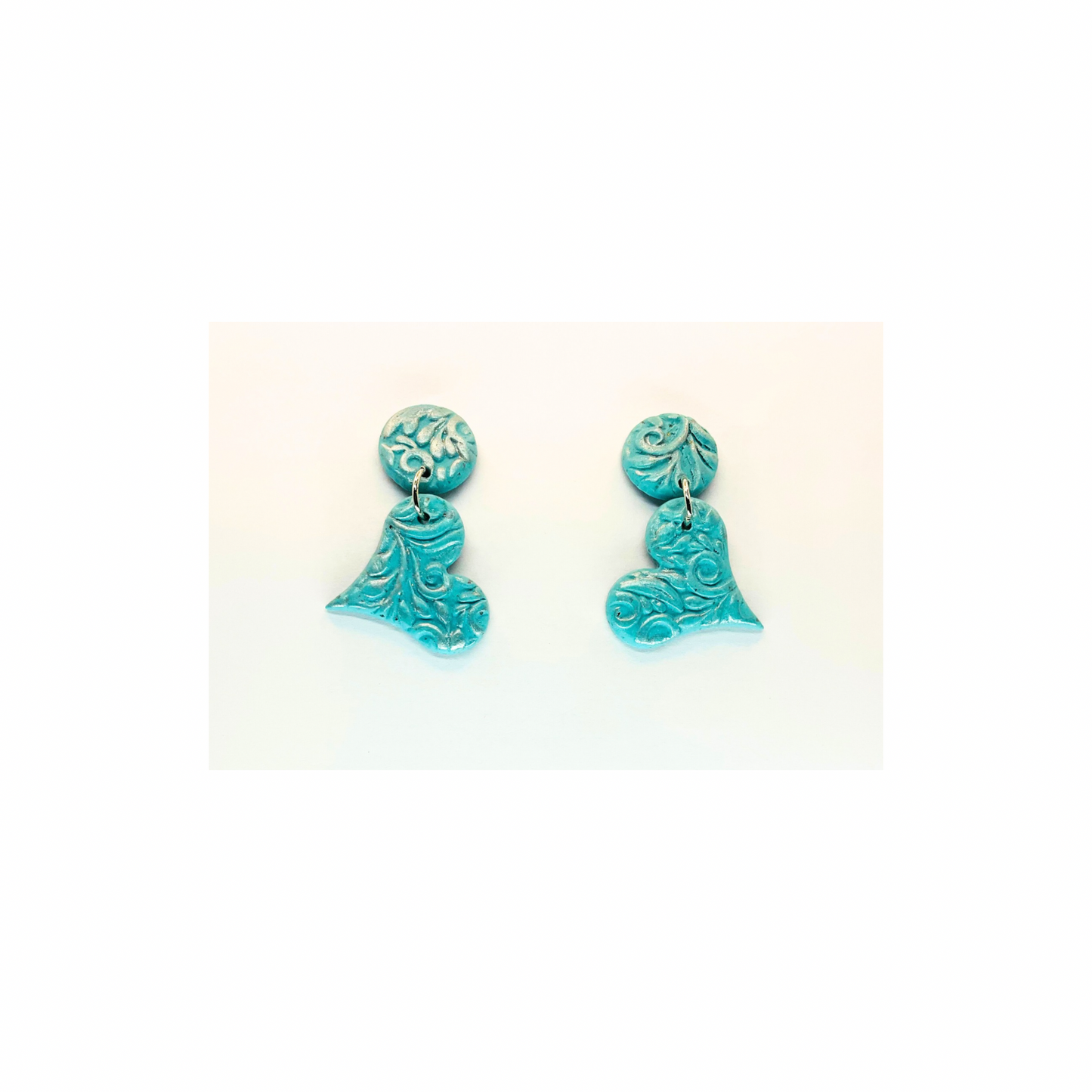 Blue and Silver Small Heart with Button Stud Dangle Earrings